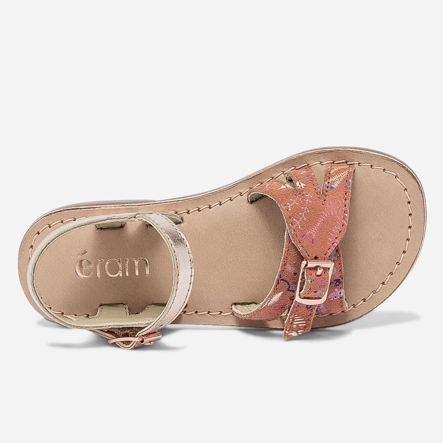 Sandale rose en cuir métallisé et cuir velours imprimé