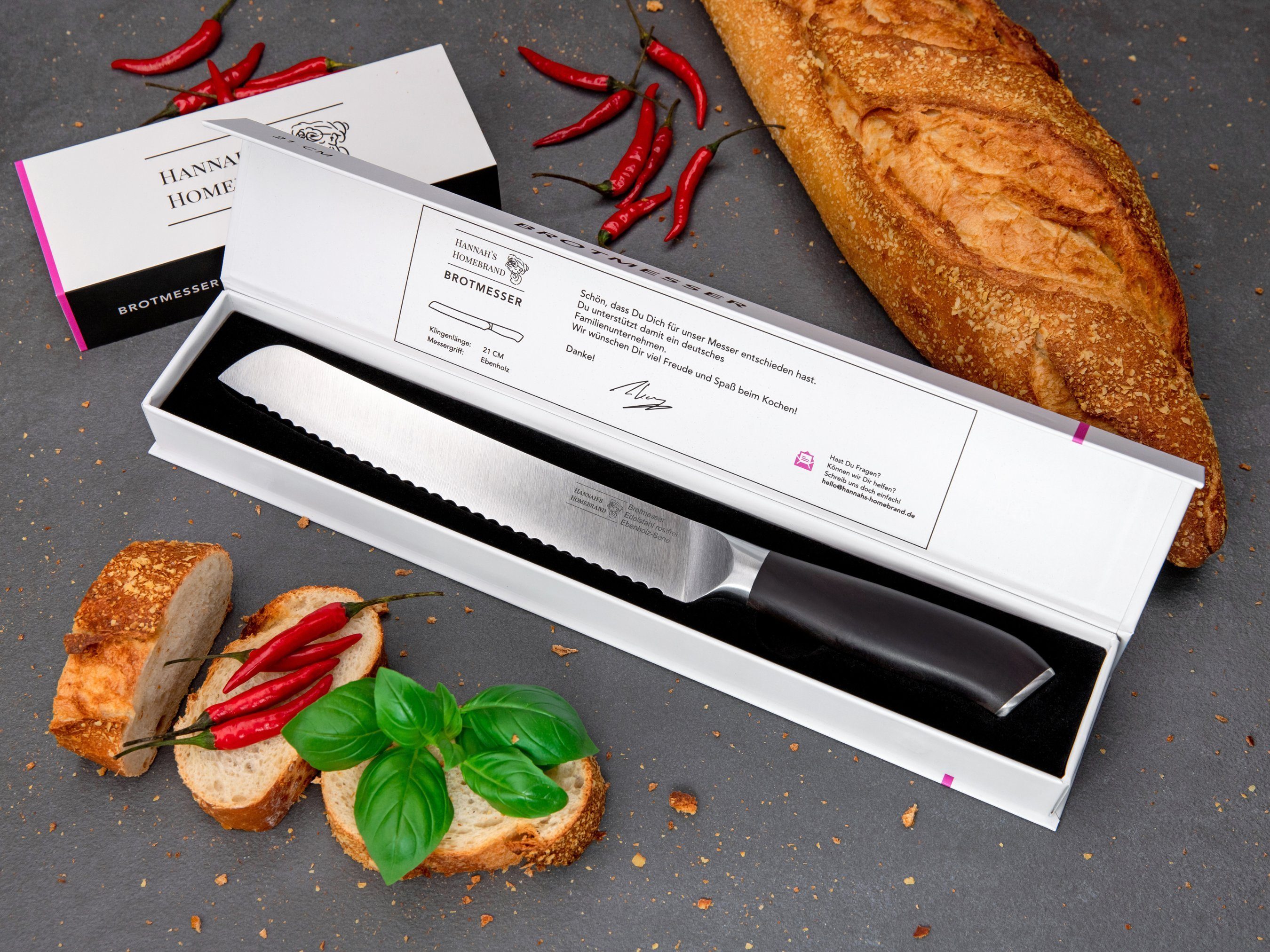 Hannah's Homebrand Brotmesser Brotmesser mit flachem Wellenschliff aus Ebenholz, Brotmesser mit verblüffend leichtem Schnitt