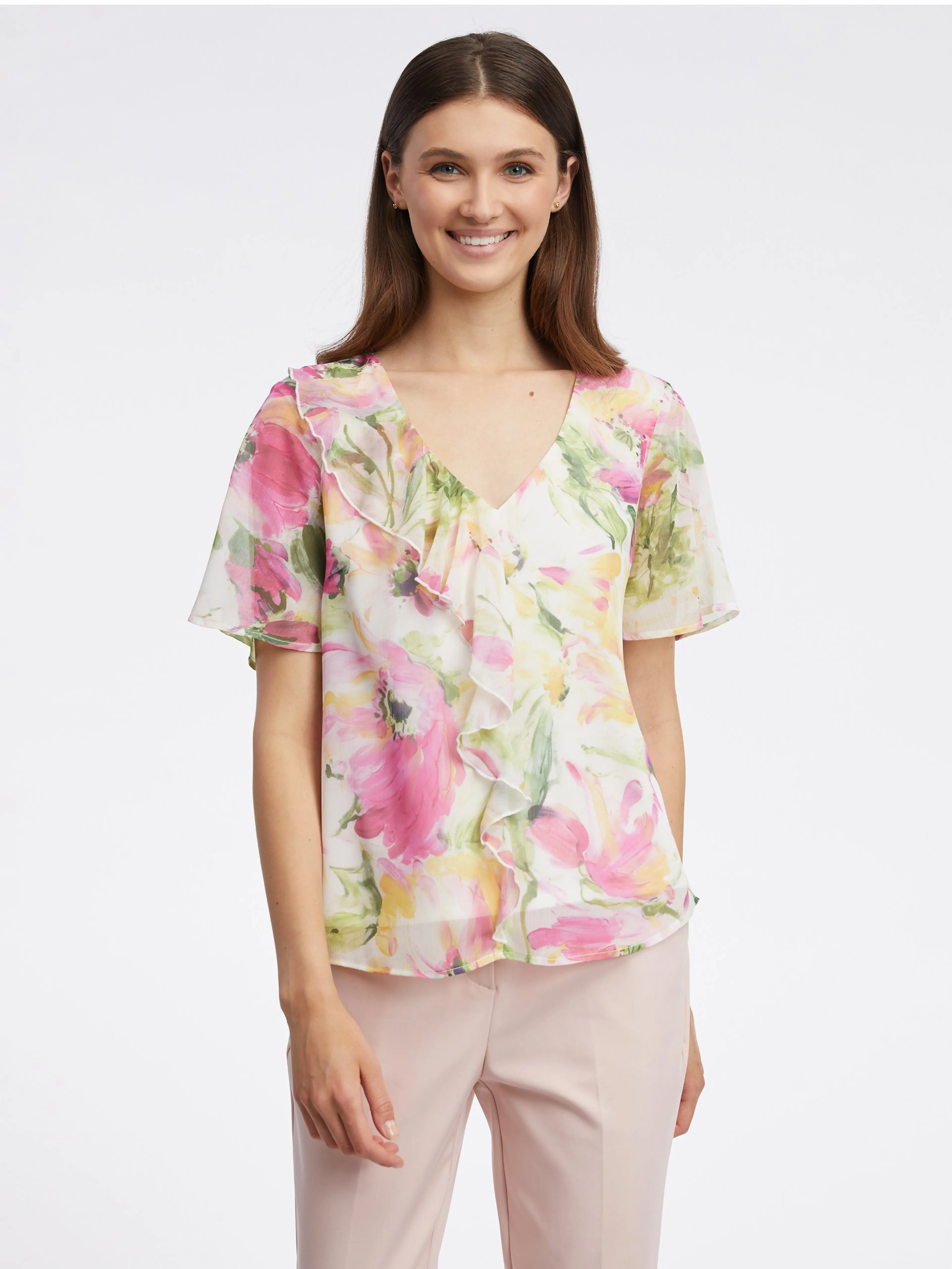 Rosa und weiße geblümte Damenbluse ORSAY