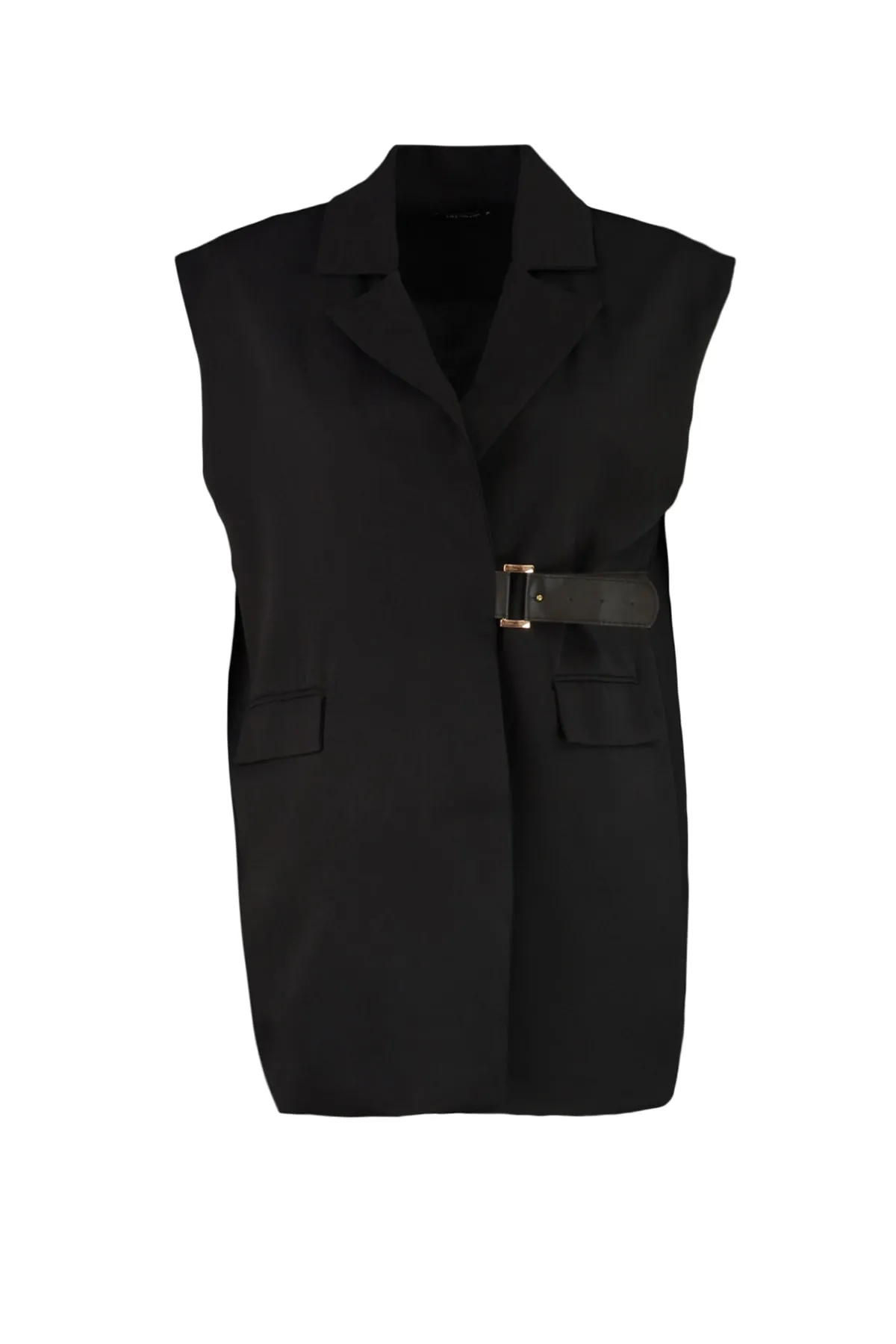 Trendyol Modest  Schwarze gewebte Weste mit halbem Gürtelverschluss und Taillenbund TCTAW23YL00006