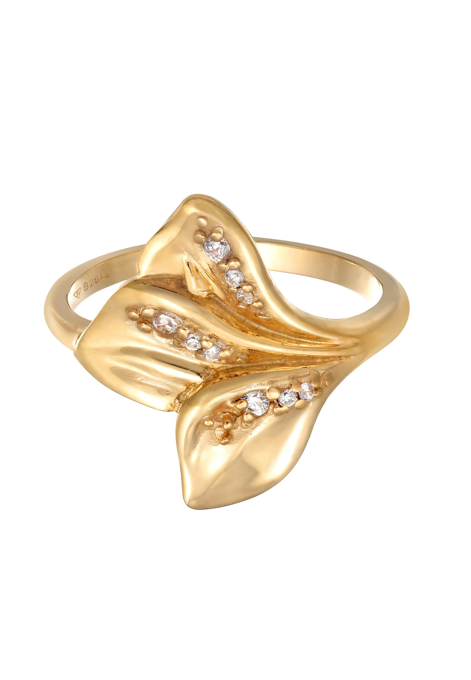 Anillo Elli para mujer con diseño de hoja orgánica y circonita cúbica en plata de ley 925 chapada en oro.