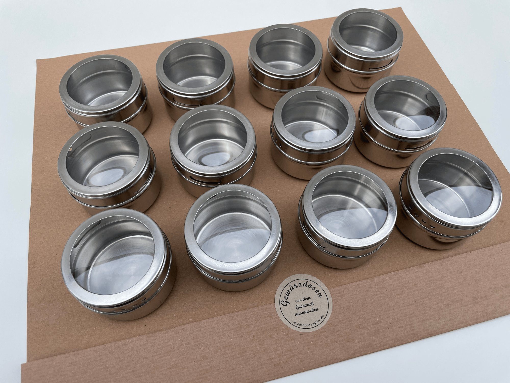 wood4hood Gewürzbehälter MAGNET, Edelstahl, (Spar-Set, 12-tlg., Ideal zur Gewürzaufbewahrung), magnetische Gewürzdosen mit Streuer und Sichtfenster