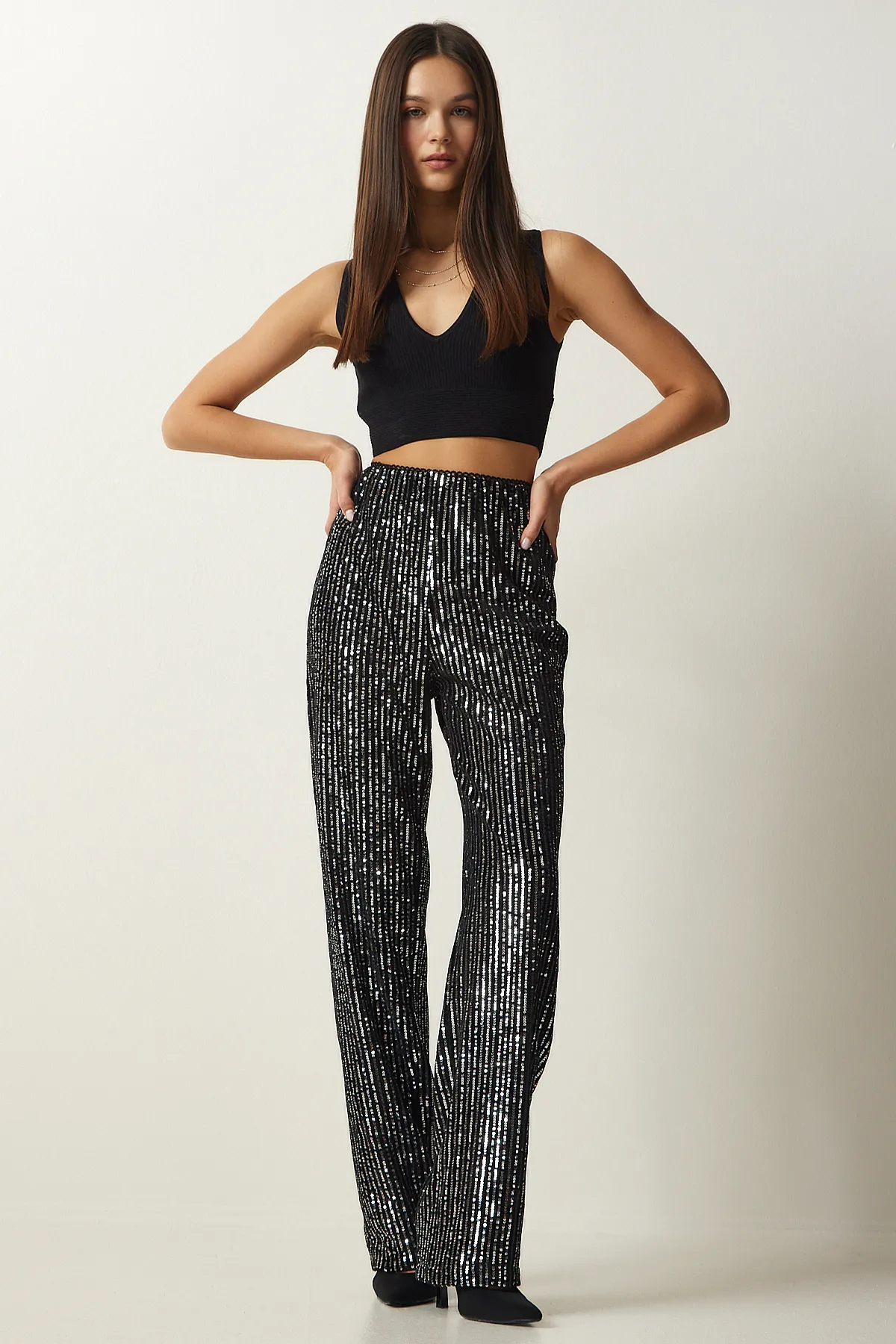Happiness İstanbul  Graue Palazzo-Hose mit Pailletten für Damen MC00250