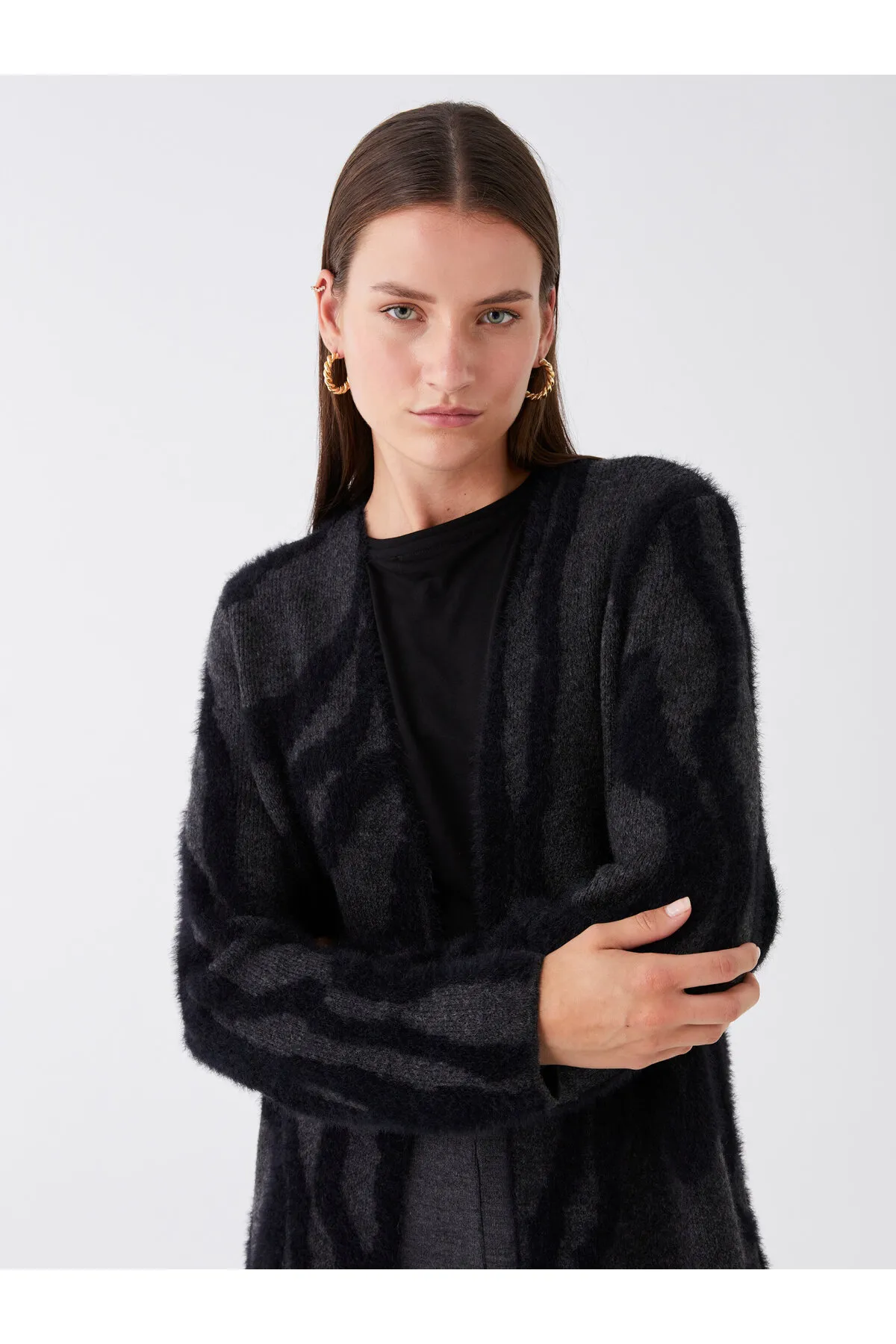 LC Waikiki  Gemusterter Langarm-Strick-Cardigan für Damen mit Schalkragen