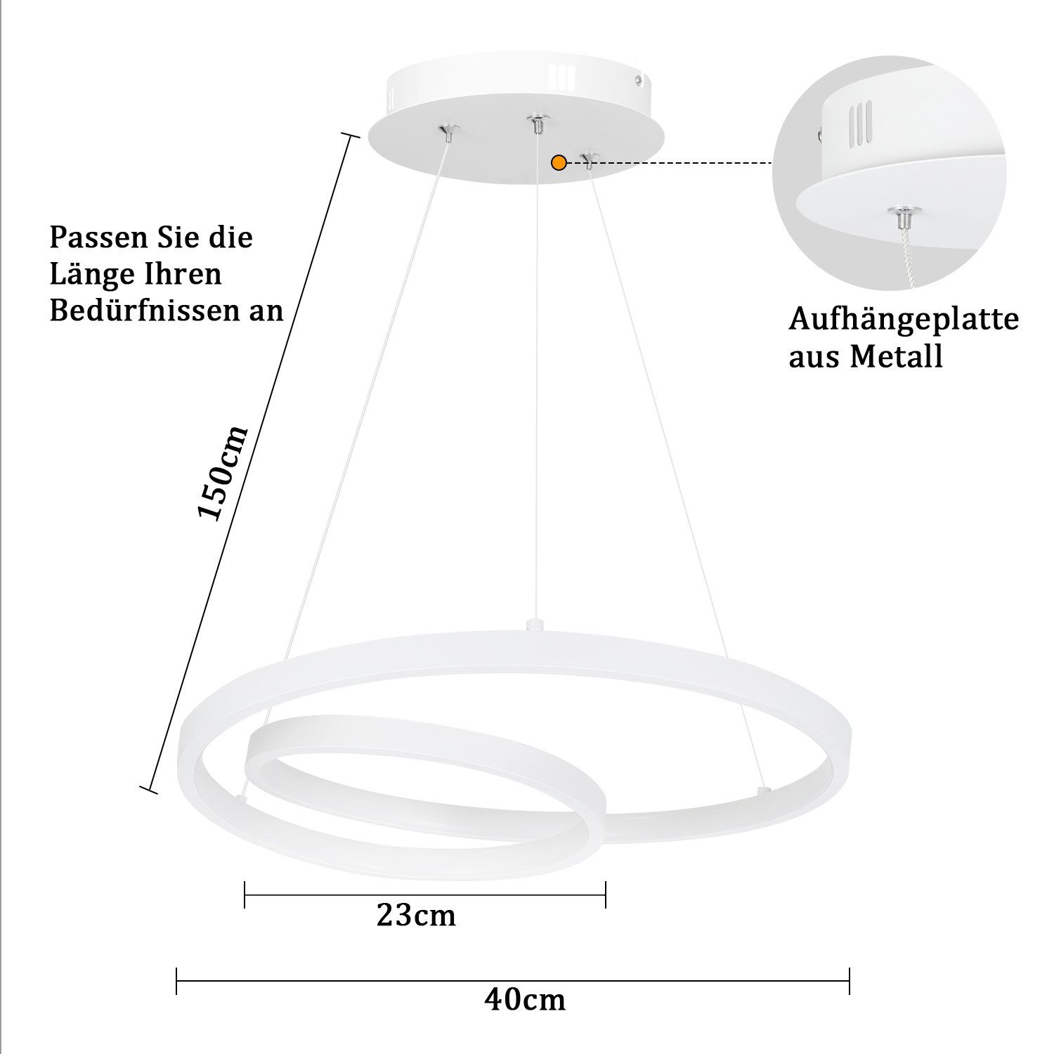 Nettlife Hängeleuchten Weiß Dimmbar mit Fernbedienung LED Hängelampe 150cm, Speicherfunktion, LED fest integriert, Warmweiß, Neutralweiß, Kaltweiß, für Wohnzimmer Schlafzimmer Küche, 34W