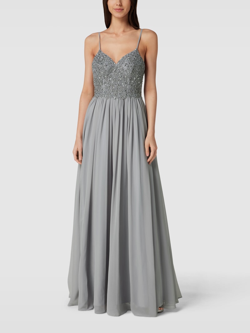 Abendkleid mit Ziersteinbesatz in mittelgrau