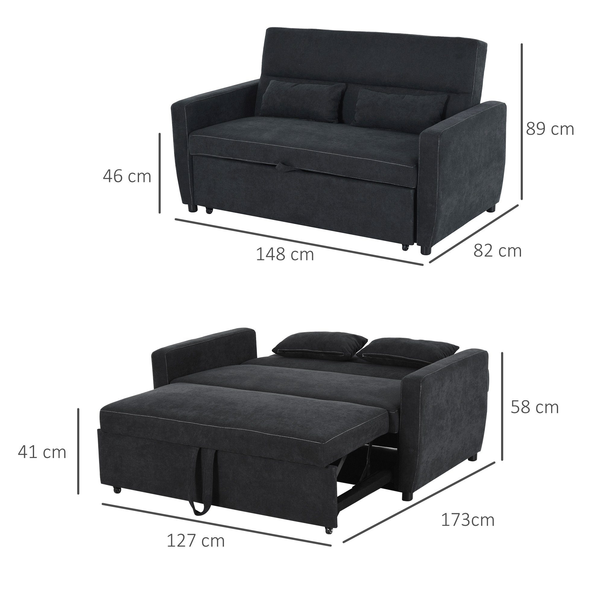HOMCOM Schlafsofa, Set 1 Teile, Schlafsofa Chaiselongue 2-Sitzer Stoffsofa Sofagarnitur Schwarz