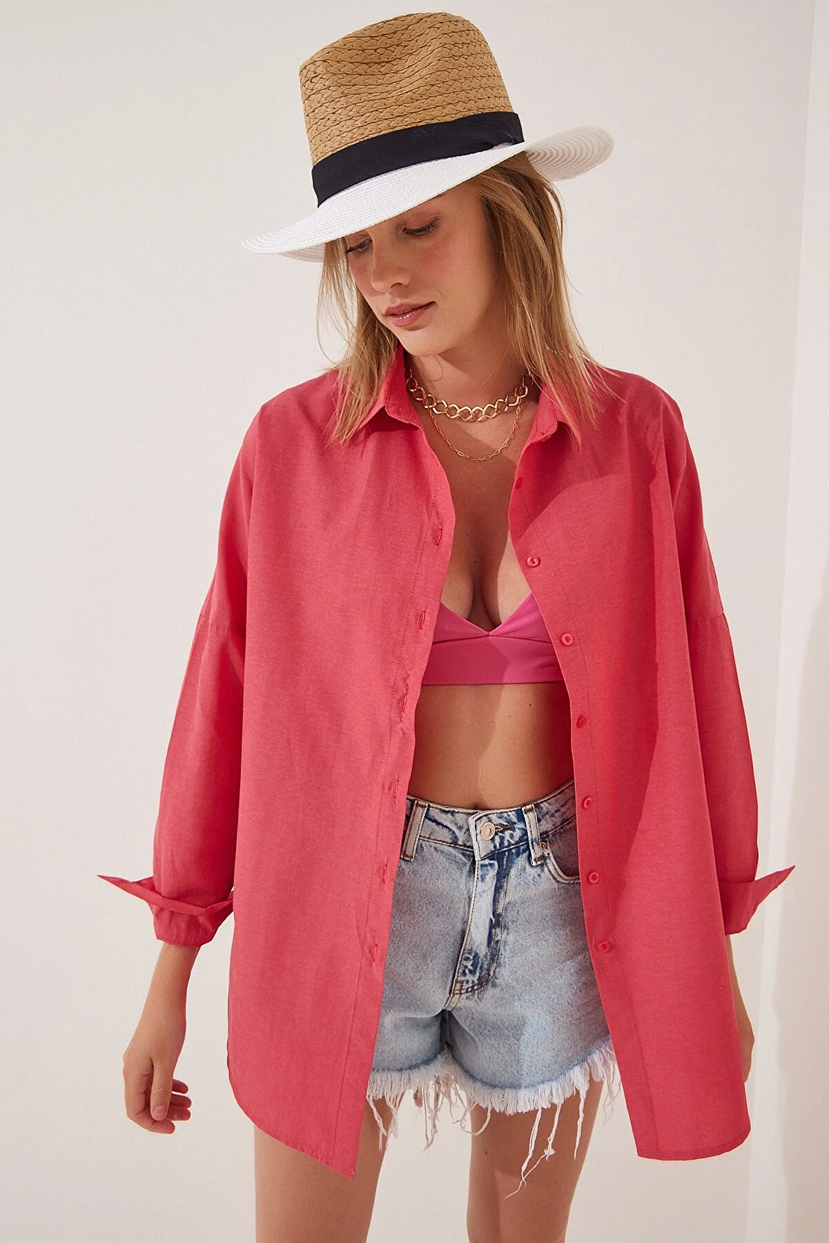 Happiness İstanbul  Damen Granatapfelblüte Oversize Long Basic Shirt DD00842
