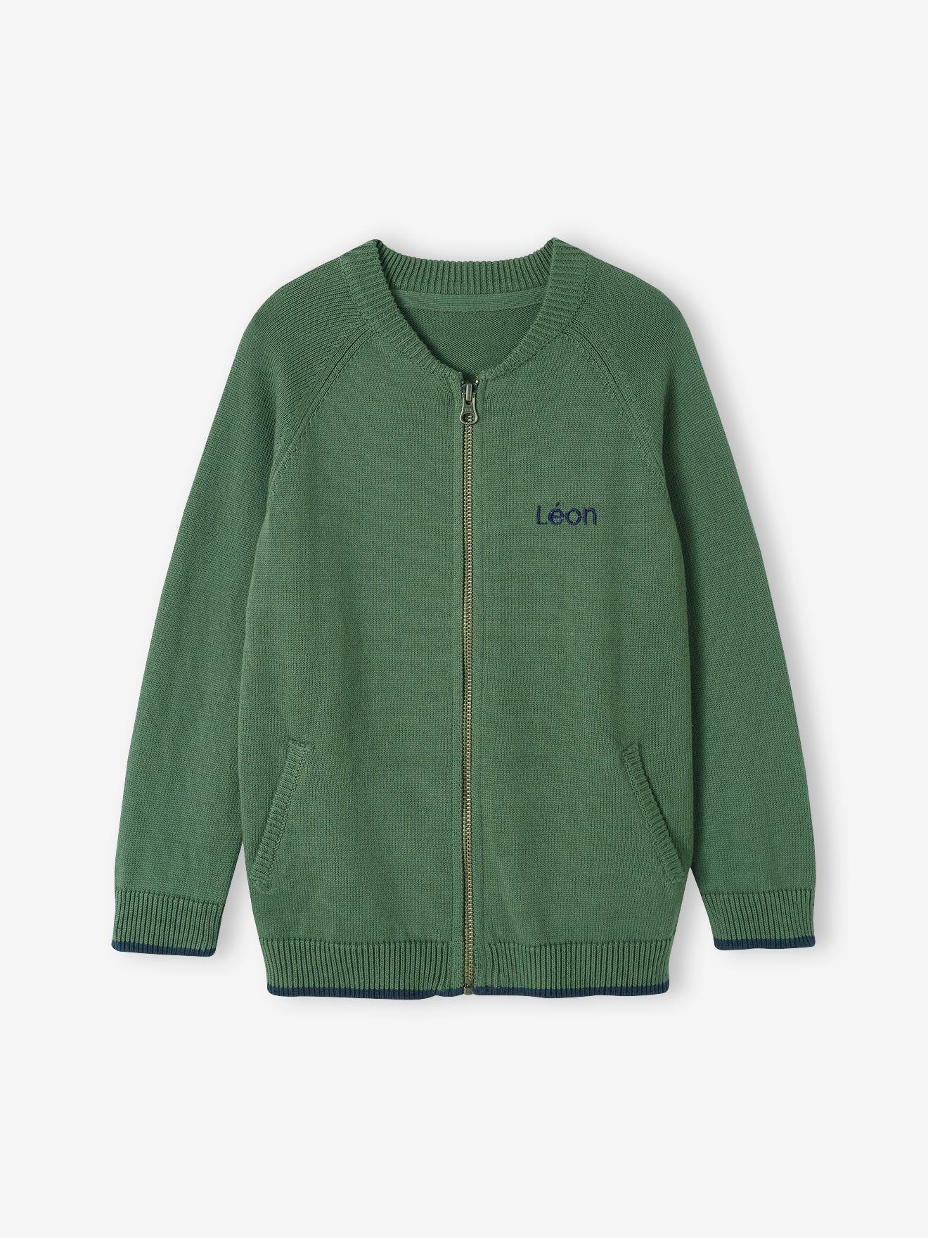Vertbaudet Jungen Strickjacke im College, personalisierbar-Look Oeko-Tex - salbeigrün