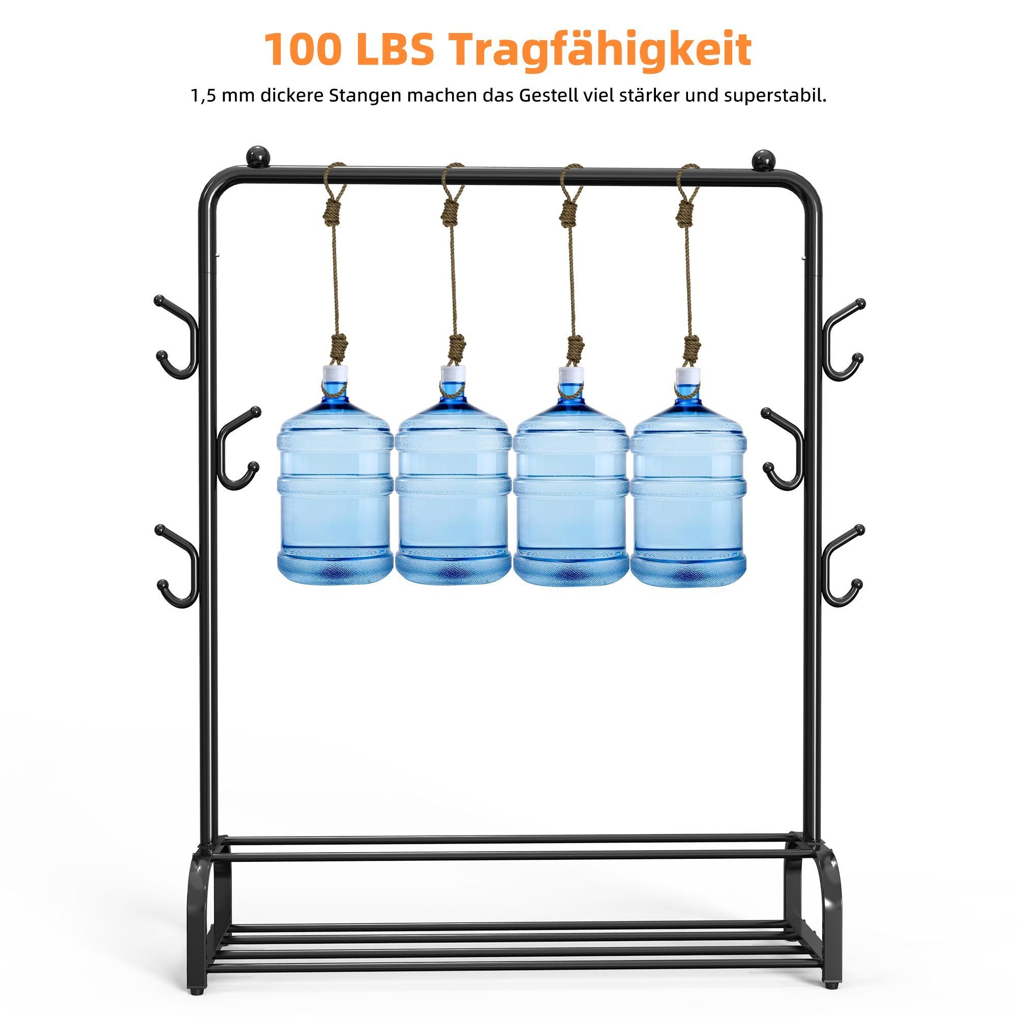 NEFOSO Regal Freistehender, 2 Ablagen, 6 Haken, Mit Oberer Stange, Metall verchromt, 45 kg belastbar, Multifunktions-Kleiderständer, schwarz, 118x33x146cm
