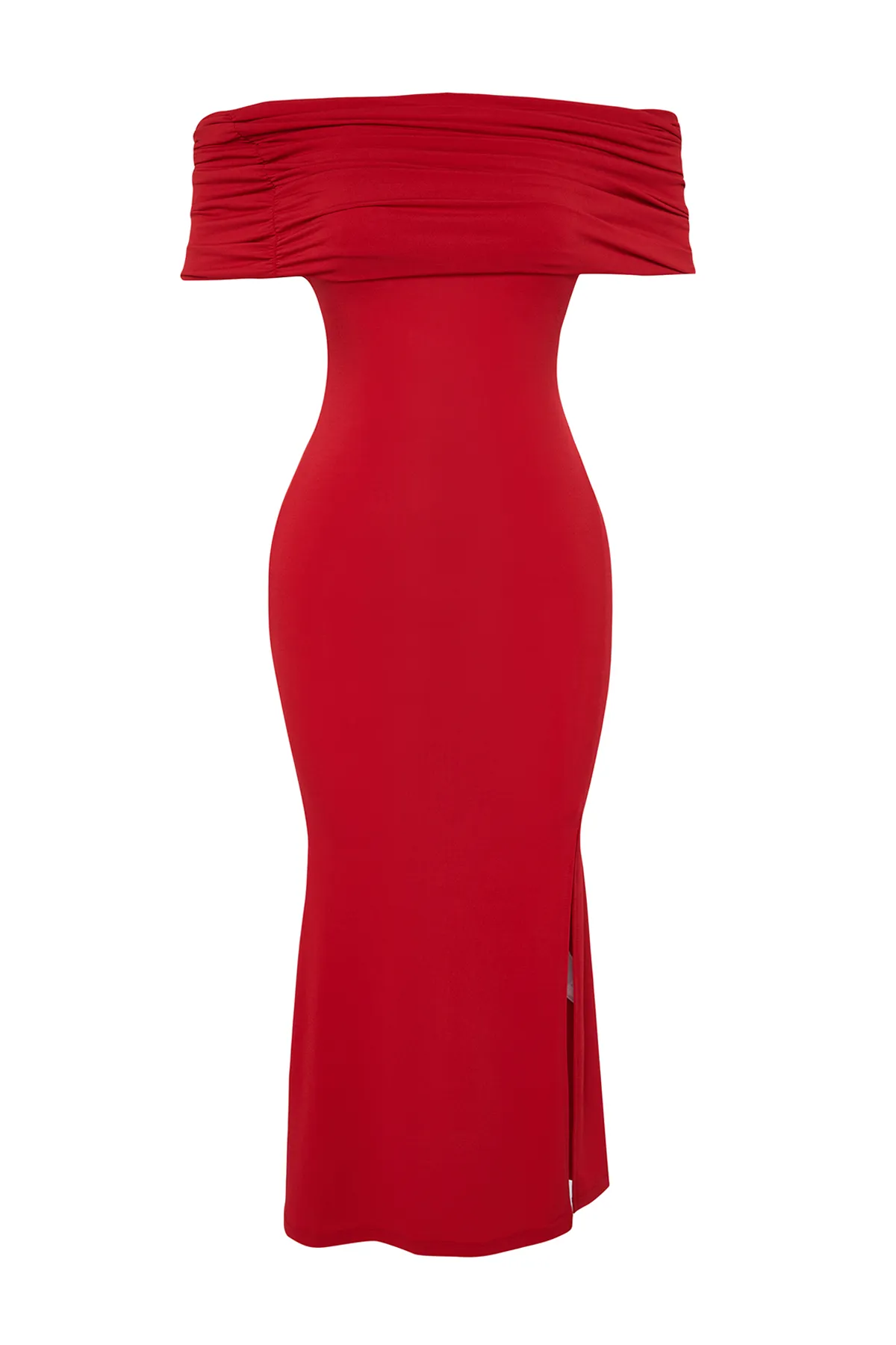 Trendyol Collection  Rotes, figurbetontes, gestricktes, elegantes Abendkleid TPRSS24EL00113