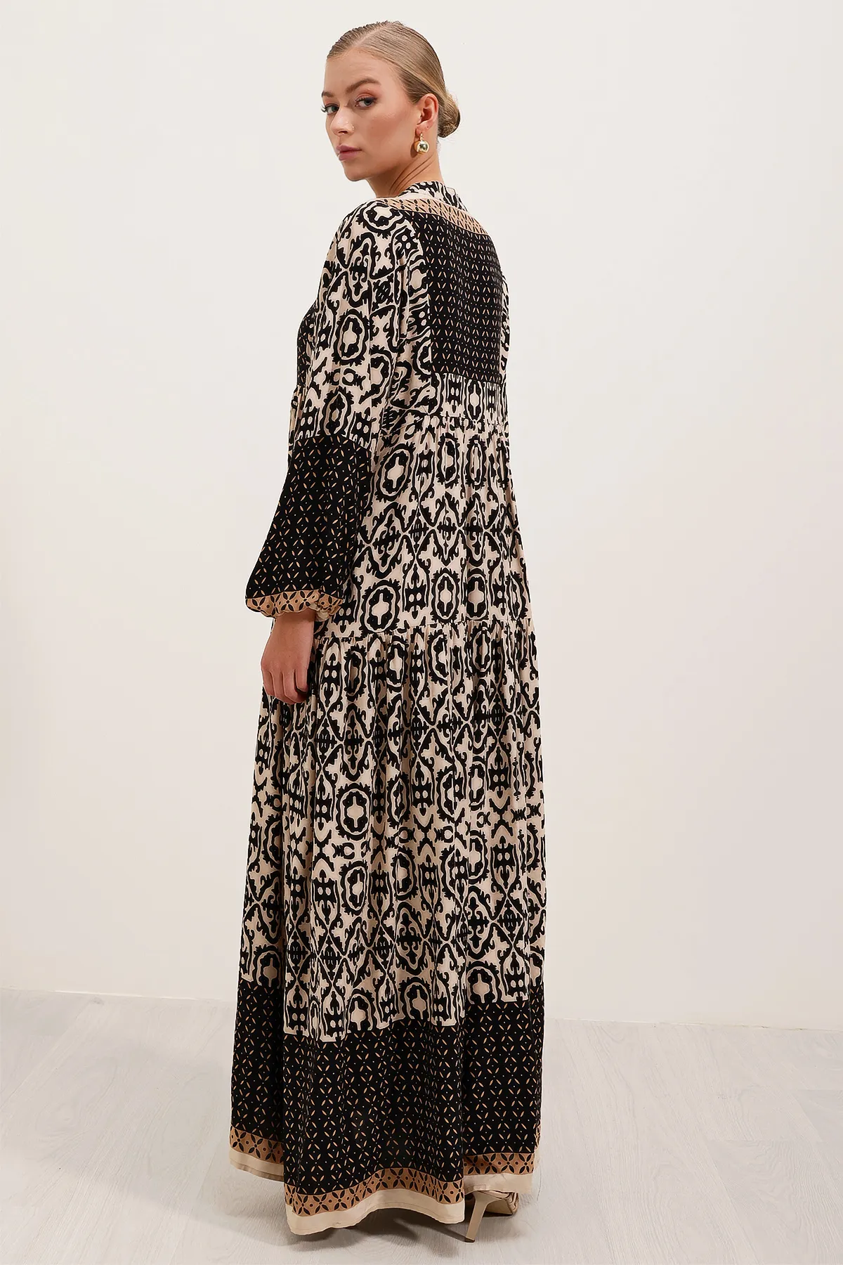 Bigdart  Schwarz-beige gemustertes Viskose-Hijab-Kleid für Damen 2423