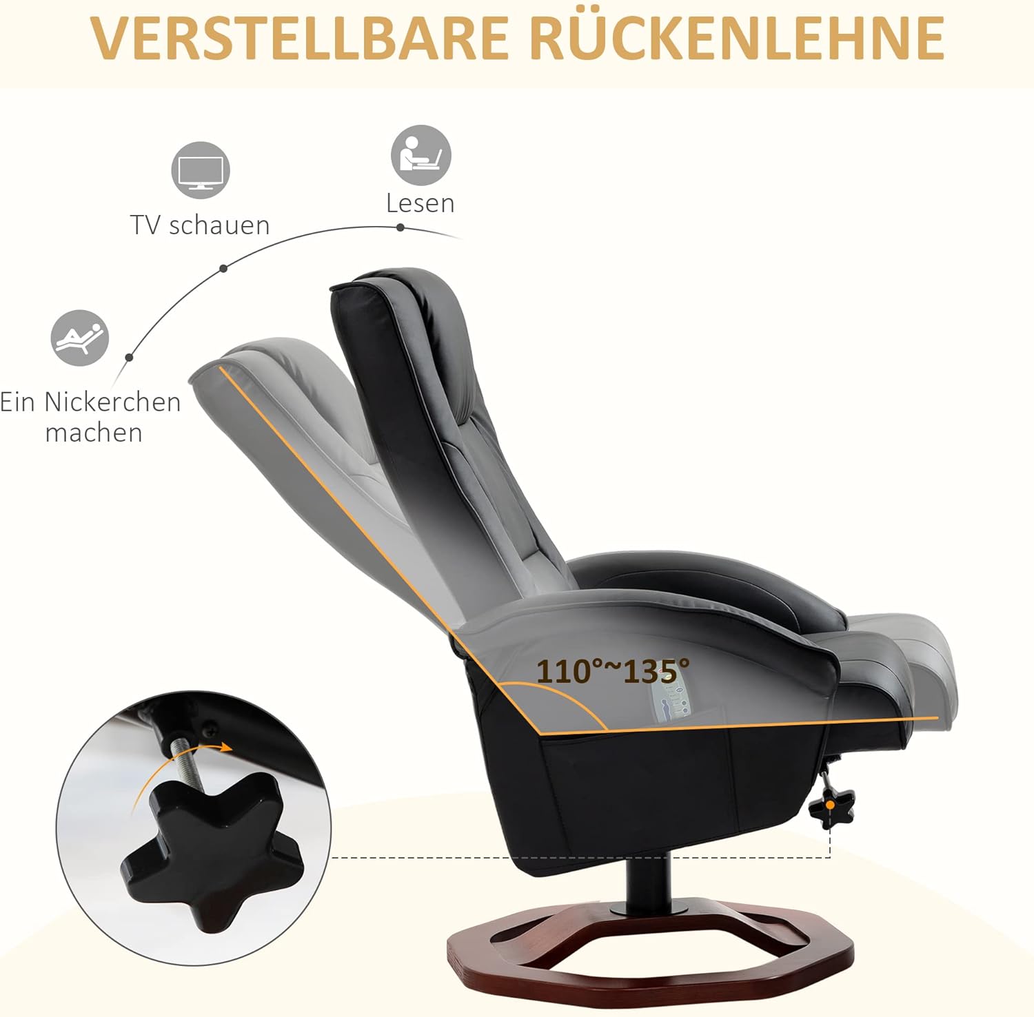 HOMCOM Sillón de masaje con reposapiés, función de descanso, función de descanso, sillón reclinable con función de masaje, giratorio 360°, piel sintética, acero negro+marrón, 73 x 83 x 106 cm