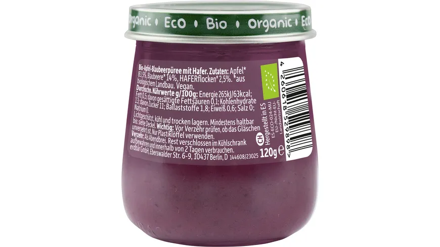 Freche Freunde Bio Gläschen Abendbrei Apfel, Blaubeere mit Hafer 120 g