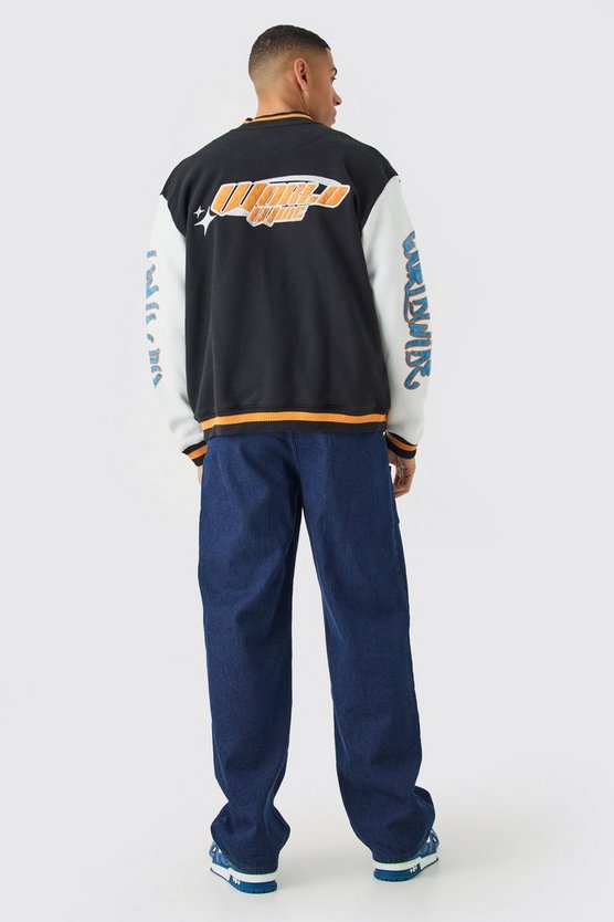 Oversized Worldwide Applique Jersey Bomber Jacket