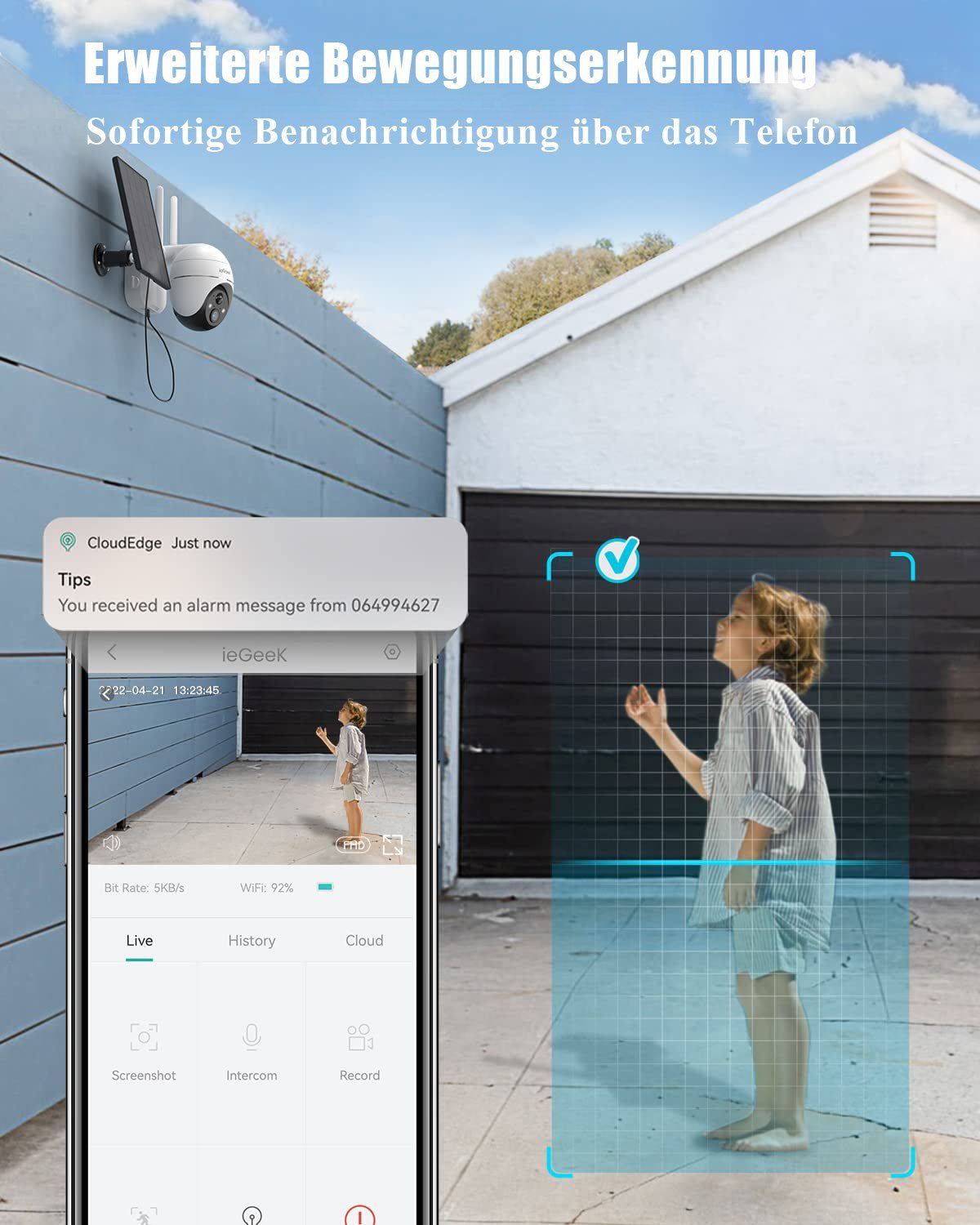 ieGeek 2K Solar WLAN Überwachungskamera Aussen Akku 355°/140° Pan Tilt IP65 Überwachungskamera (AuBenbereich, Outdoor, intelligenten KI-Algorithmus,4x Digitalzoom,Unterstützt Android/IOS und Tablet-Zugriff, Kabellose,20m Farbnachtsicht,PIR Bewegungsm