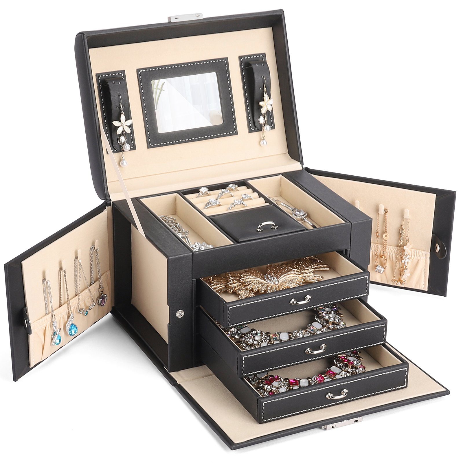 Yorbay Schmuckkasten Schmuckkoffer mit 4 Ebenen und 2 Seitenfächern, Schwarz (Komplett abschließbare Schmuckschatulle, Mit Spiegel), Schmuckkästchen für Halsketten, Ringe, Armbänder, Ohrringe