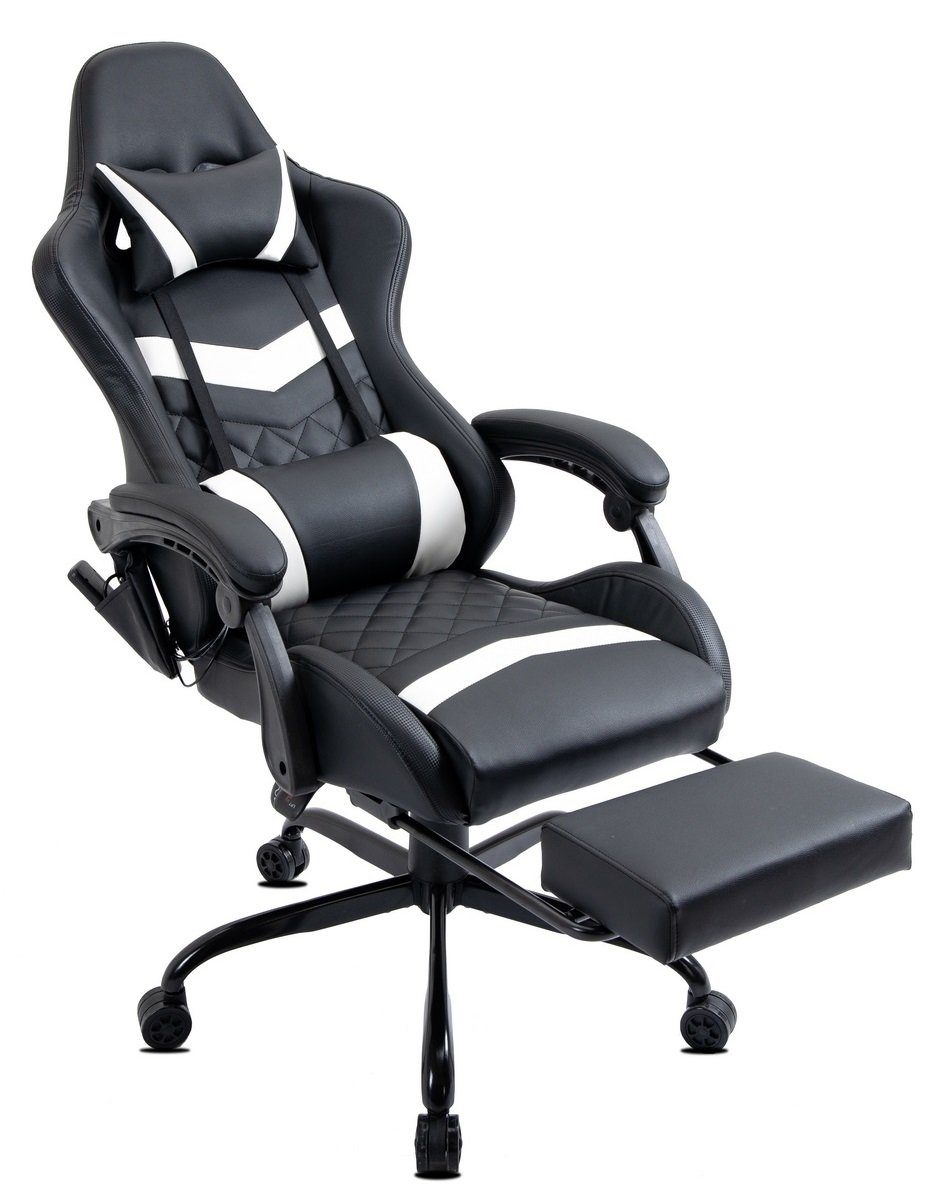 Delman Gaming-Stuhl Bürostuhl Chefsessel Massagefunktion mit 6 Vibrationspunkten, Drehstuhl, dicke Polsterung, Metallfußkreuz, Fußstütze 02-0037