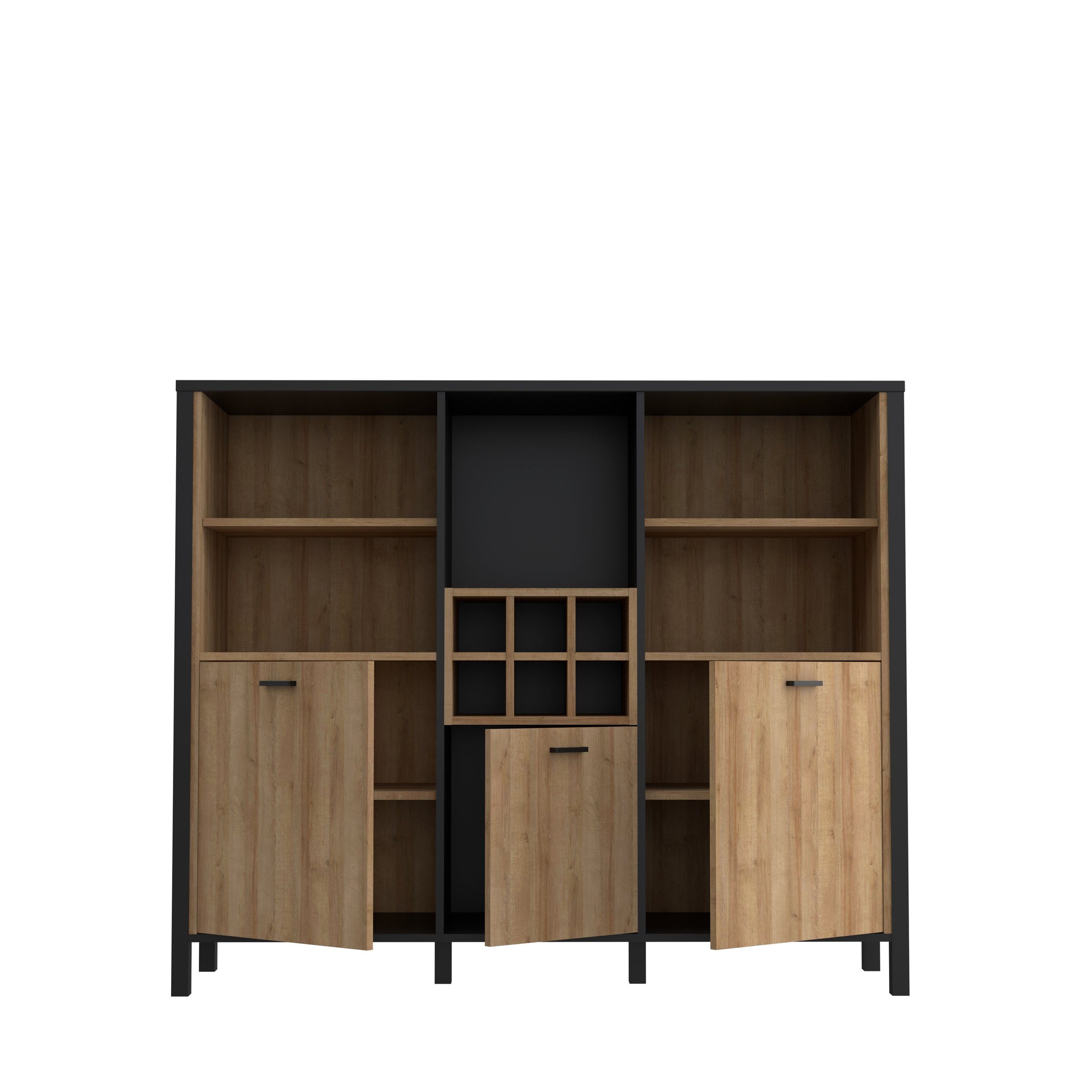 möbelando Barschrank Hialeah Barschrank im Industrial-Design aus Spanplatte in Riviera Eiche Nachbildung, Gestell in Schwarz mit 3 Holztüren, 4 Einlegeböden, 6 Flaschenfächern und 5 offenen Fächern. Breite 139,4 cm, Höhe 117,1 cm, Tiefe 40,2 cm