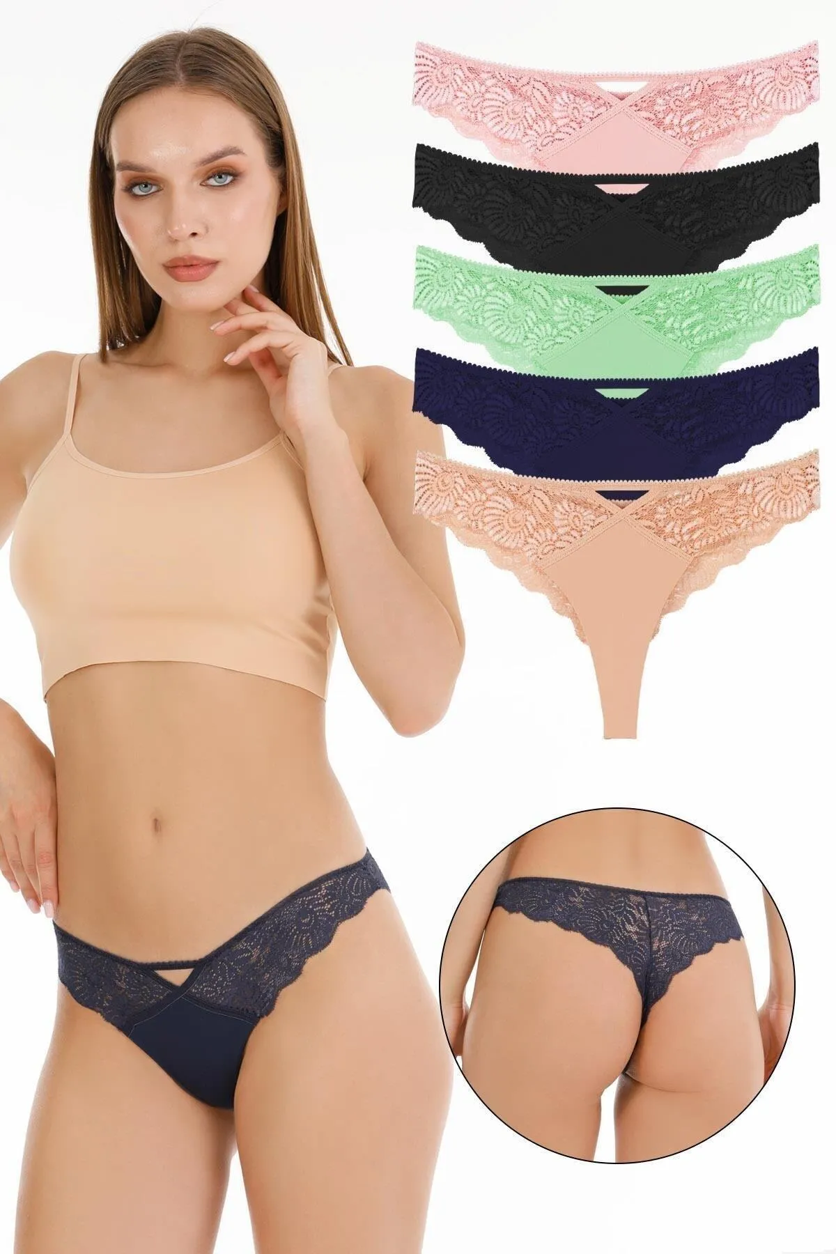 Sensu  5-teiliges brasilianisches Slip-Set mit Spitzendetail für Damen – KTS4001