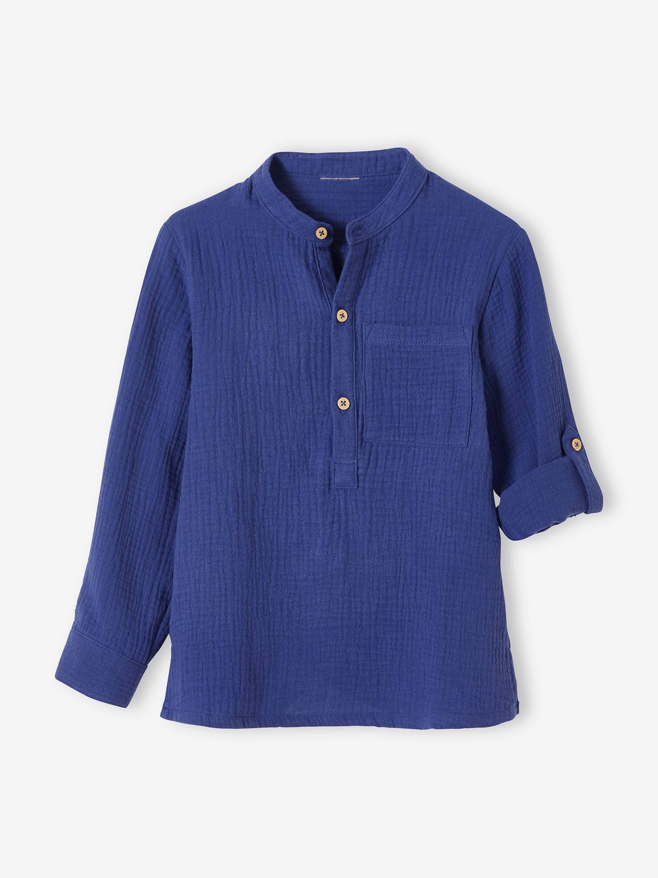 Chemise garçon en gaze de coton manches retroussables bleu moyen