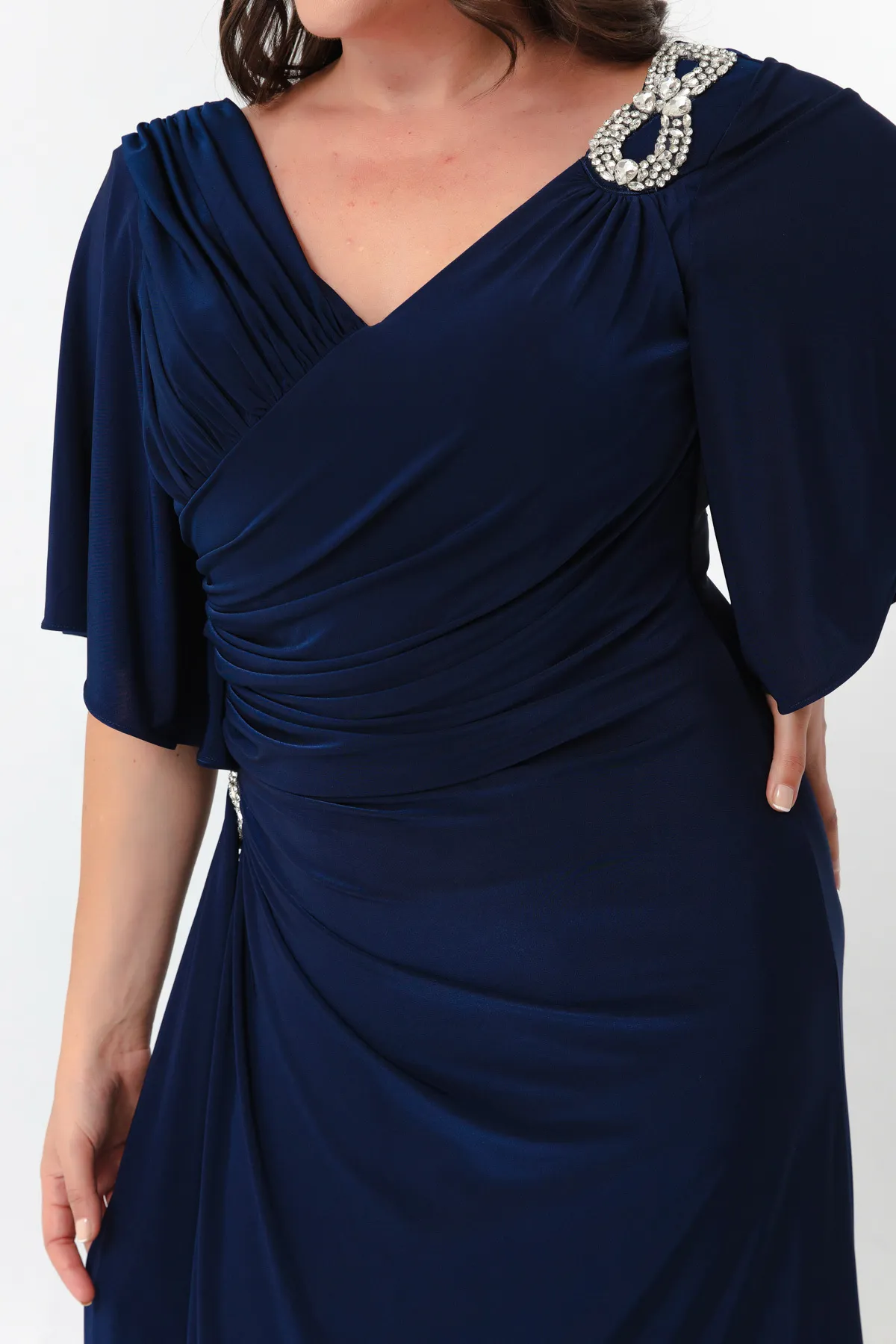 Lafaba  Damen-Abendkleid in Marineblau mit kurzen Ärmeln und Schlitz in Übergröße