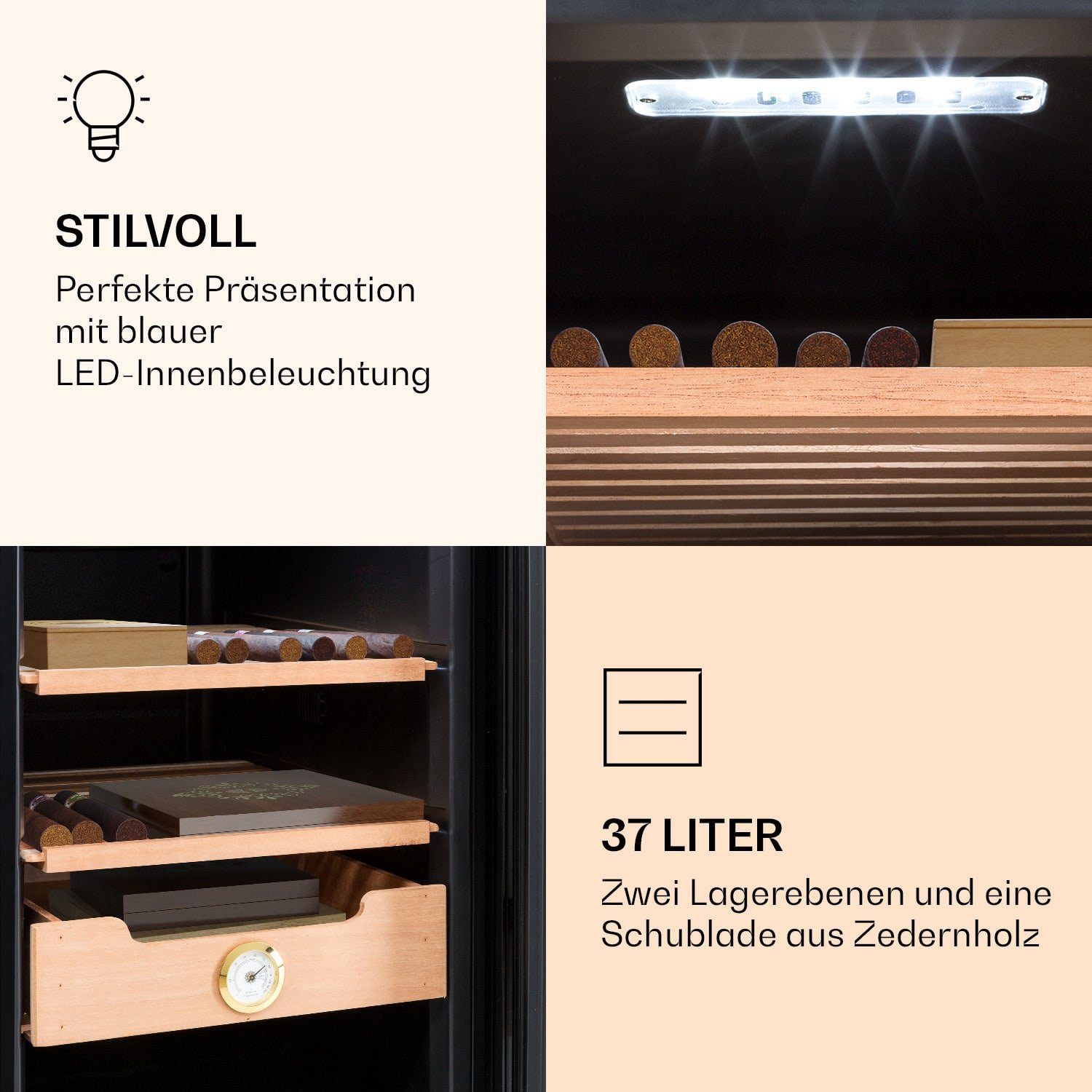 Klarstein Humidor HEA-Presidente40-Blk, Humidor Zigarre Humidor Befeuchter elektrisch Humidor Schrank