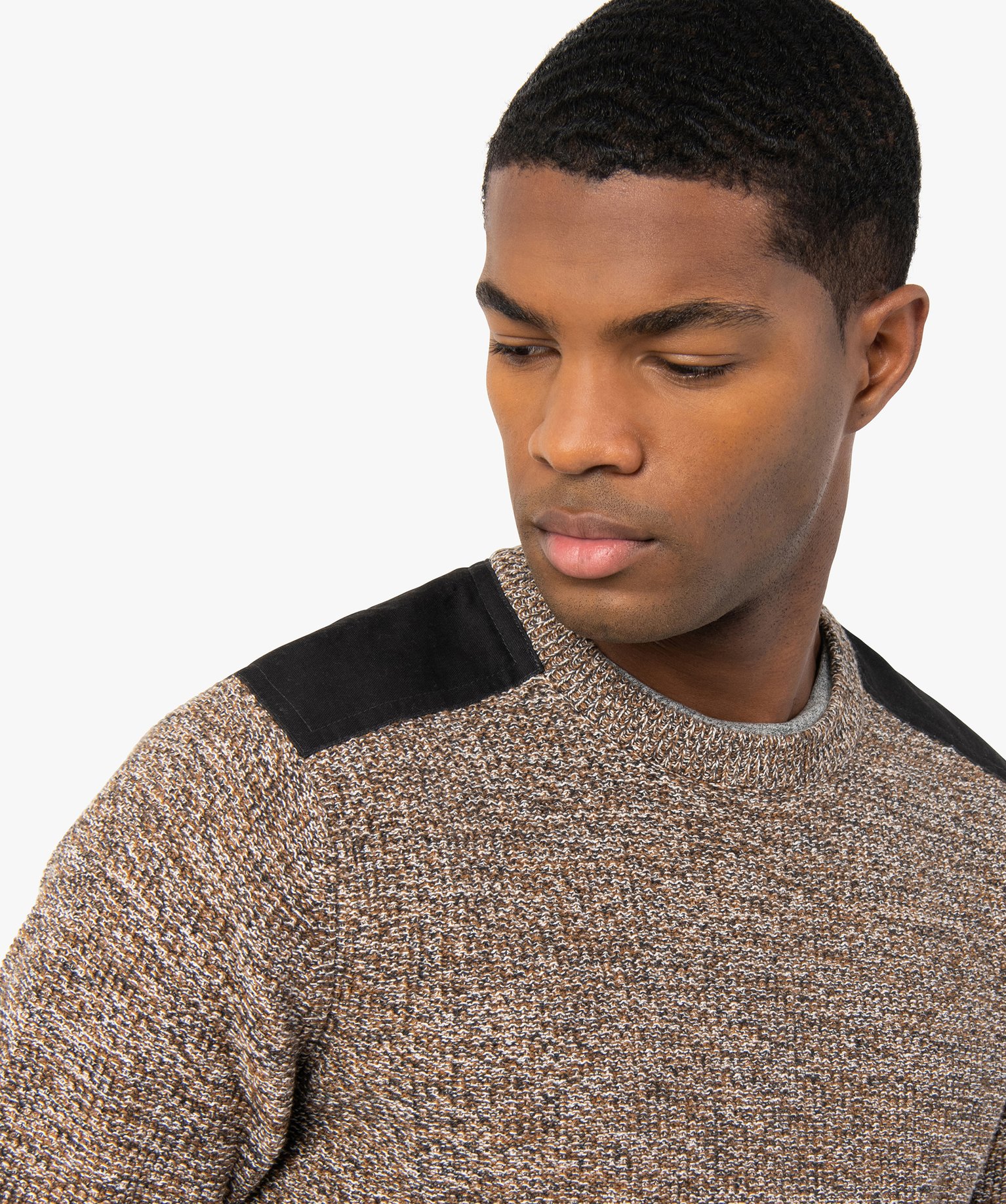 Pull homme en maille fantaisie avec patchs aux épaules | GEMO