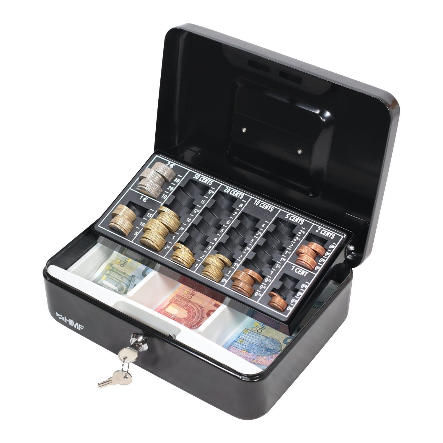 HMF Geldkassette abschließbare Bargeldkasse mit Münzzählbrett und Scheinfach, robuste Geldbox mit Schlüssel, 25x18x9 cm