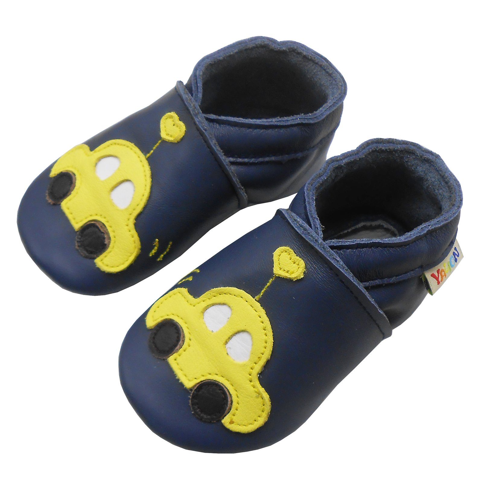 Yalion Weiche Leder Lauflernschuhe Hausschuhe Lederpuschen Auto Dunkelblau Krabbelschuh