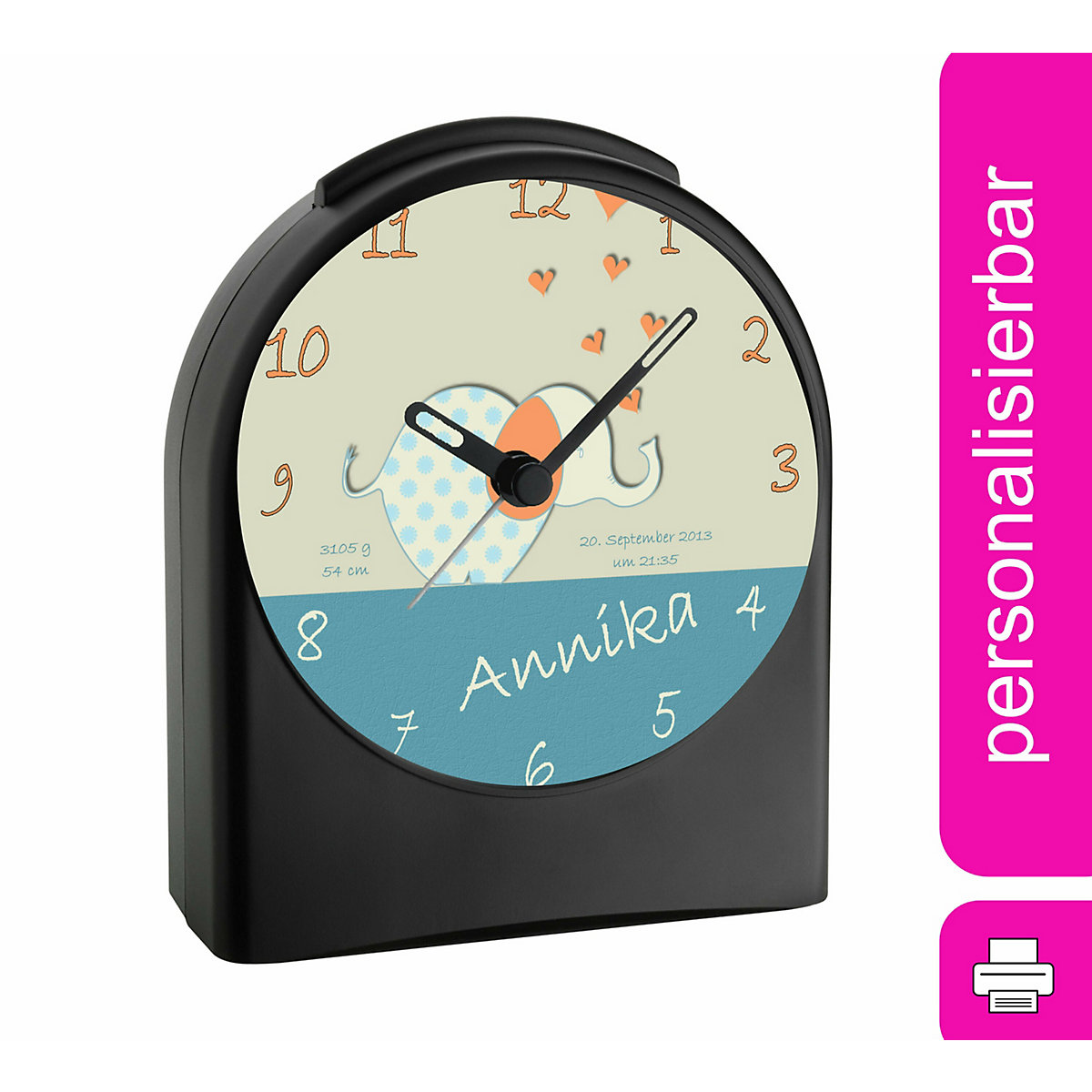 Kinder Funkwecker personalisiert mit Namen Elefefant Atom-/Funkuhr, 12-Stunden-Anzeigeformat, Schlummerfunktion, Nachtlicht, Geräuschlos/Ohne Ticken