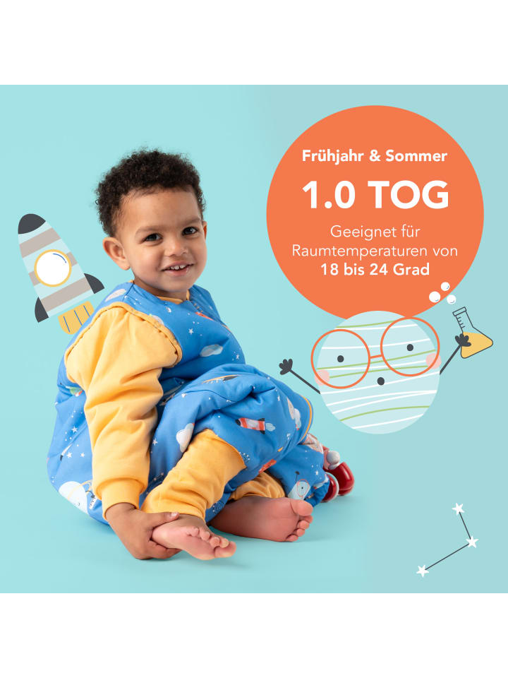 Schlummersack Schlafsack mit Füßen, umklappbaren Bündchen und Ärmeln, 1.0 TOG in Blau-Gelb günstig kaufen