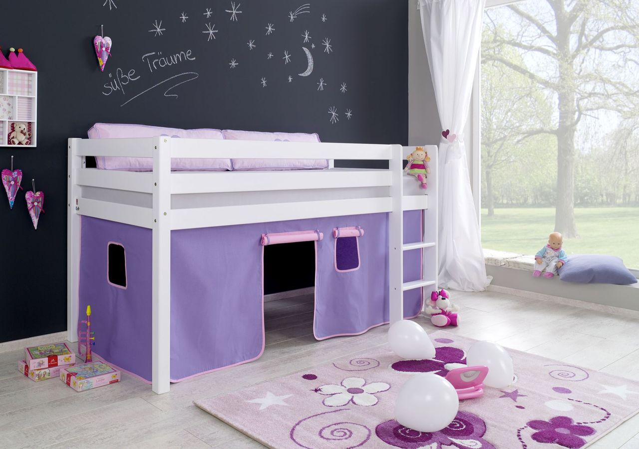 Relita Halbhohes Spielbett ALEX Buche massiv weiß lackiert mit Stoffset Vorhang purple/rosa