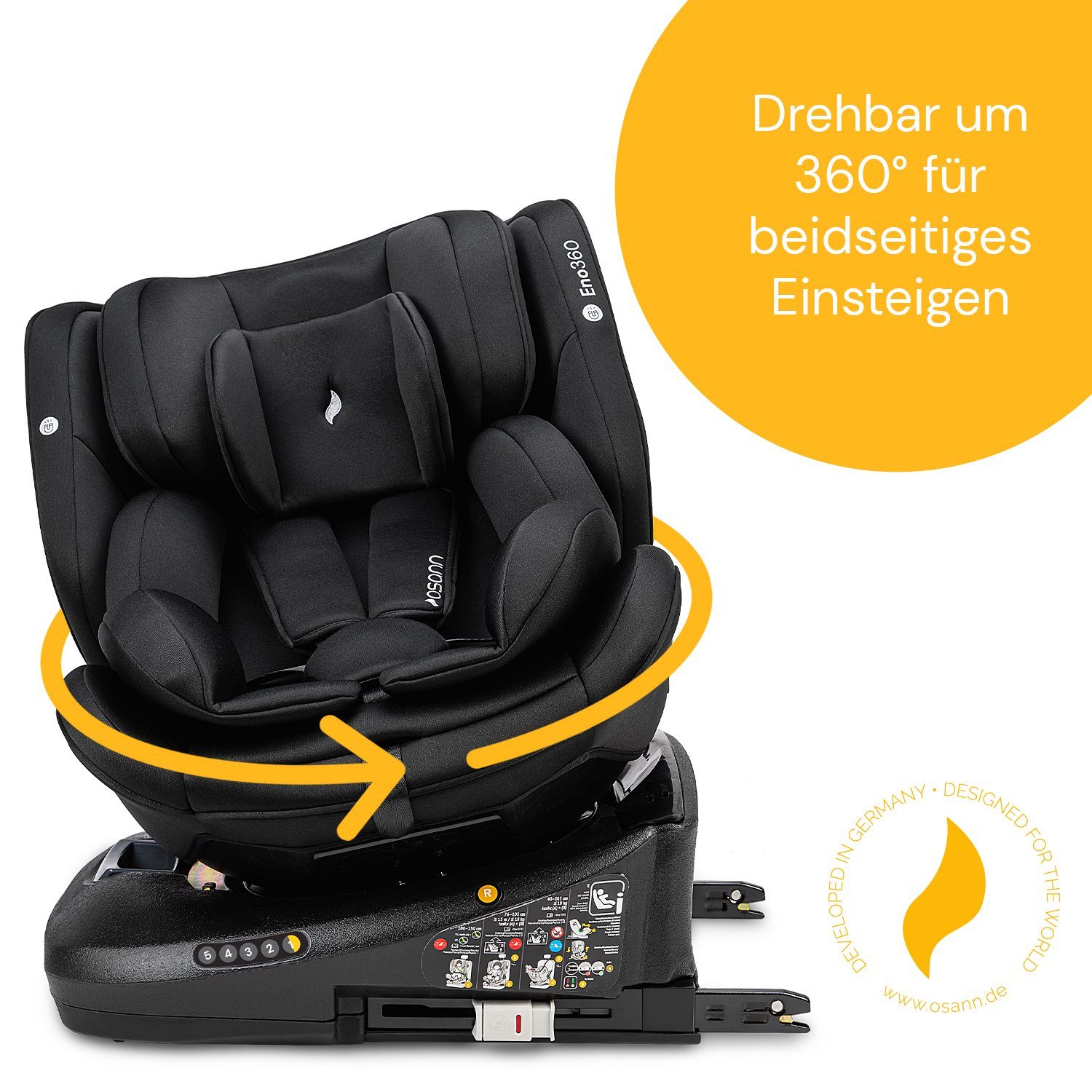 Osann Autokindersitz Eno360 i-Size, ab: Geburt, bis: 12 Jahre, drehbarer Reboarder mit Isofix und Top-Tether - 40-150 cm