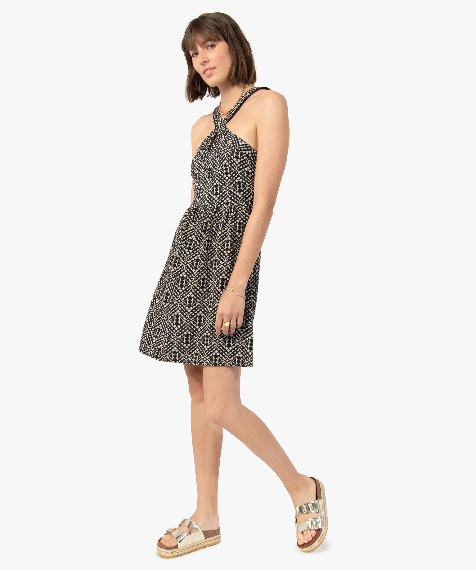 Robe femme imprimée avec bretelles croisées devant imprime | GEMO