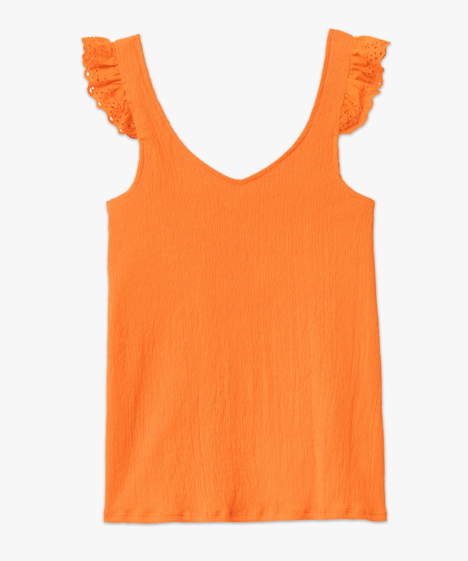 Débardeur à col V et volants en broderie anglaise femme orange | GEMO