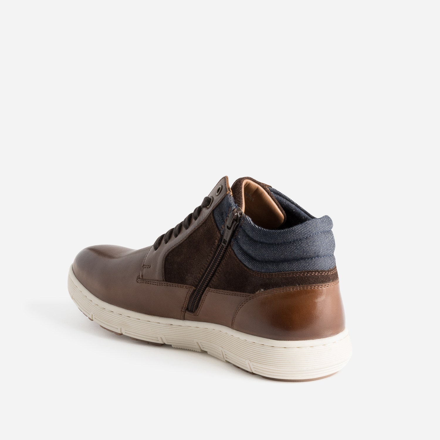 Basket cognac en cuir et textile marine