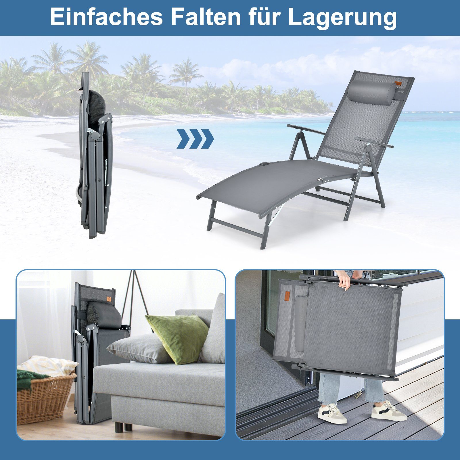 COSTWAY Gartenliege Sonnenliege, 7-fach verstellbar, mit Kopfstütze