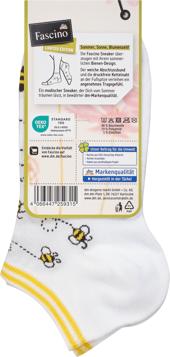 Sneaker Socken mit Bienen-Muster weiß, Gr. 39-42, 1 St