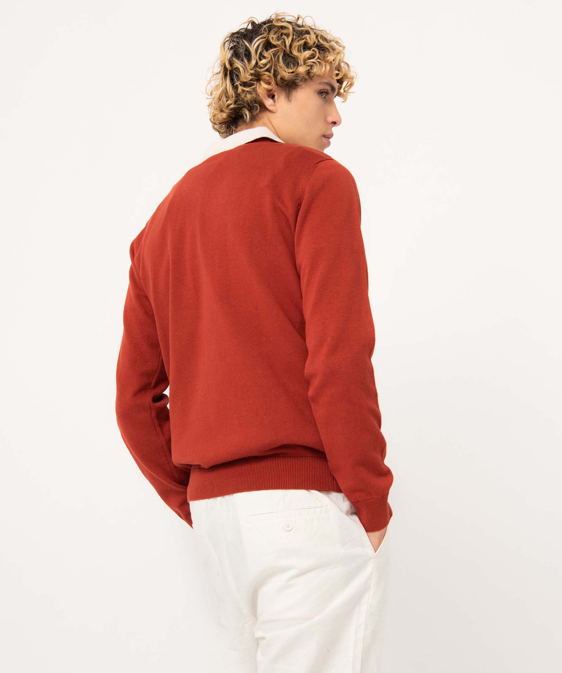 Pull homme à col rond en coton rouge | GEMO