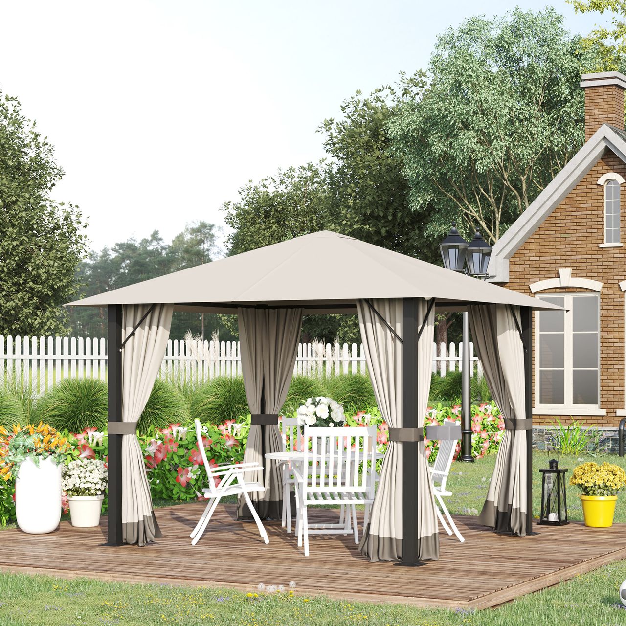 Outsunny Gartenpavillon Pavillon 3 x 3 m Gartenzelt Dach mit Belüftungslöcher Festzelt Partyzelt mit 4 x Seitenteile Moskitonetz wetterfest Aluminium Polyester khaki