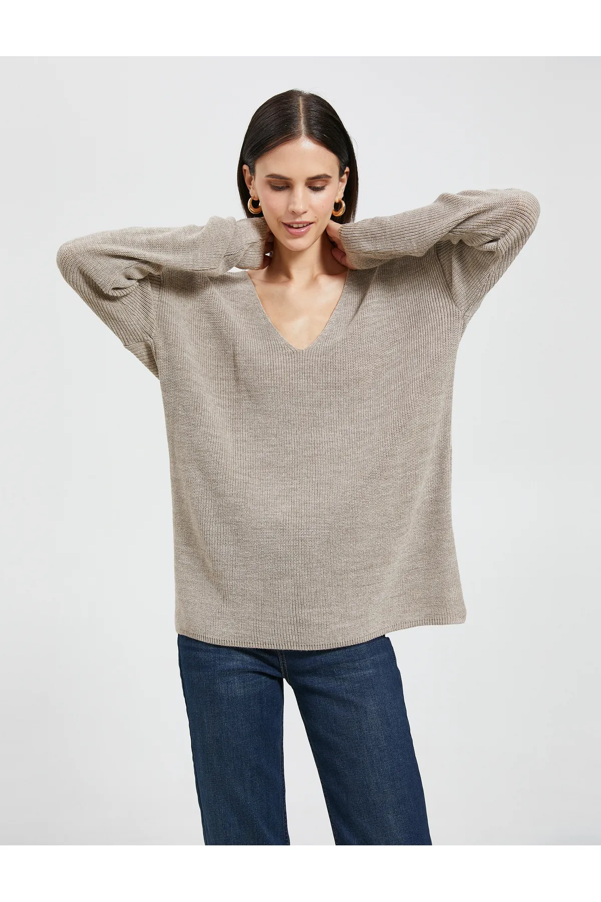 Koton  Pullover mit V-Ausschnitt, Oversize-Langarm, Kaschmir-Struktur