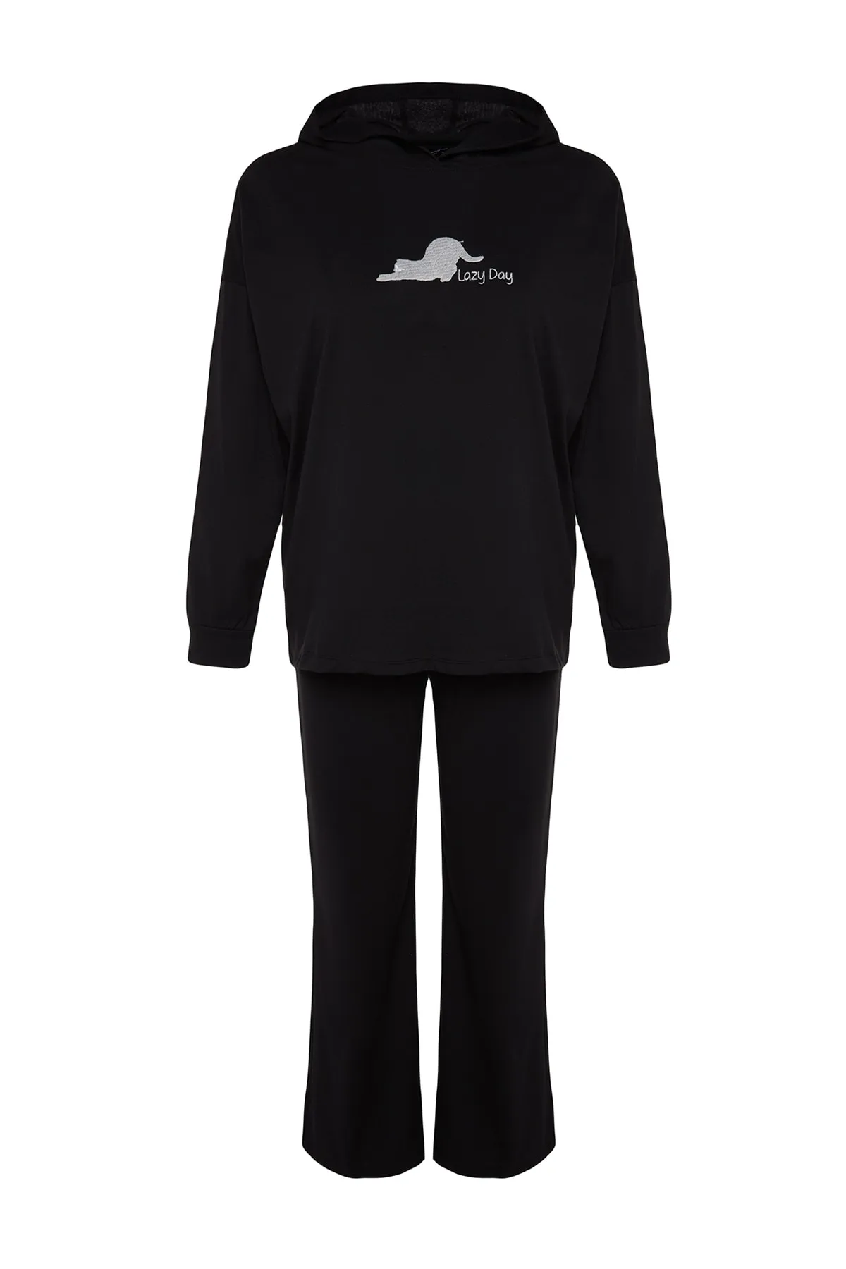 Trendyol Collection  Gestricktes Pyjama-Set mit Sweatshirt und Hose aus schwarzer Baumwolle mit Katzenmuster THMAW24PT00044