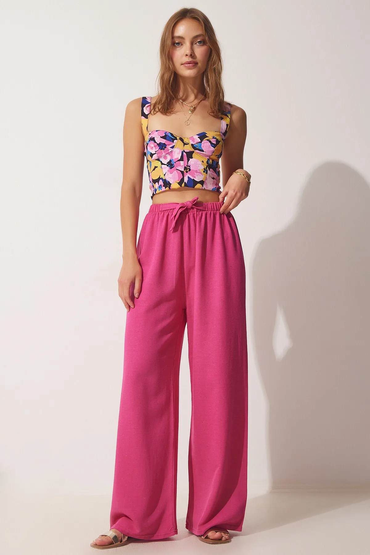 Happiness İstanbul  Dunkelrosa lockere Leinenhose für Damen BH00403