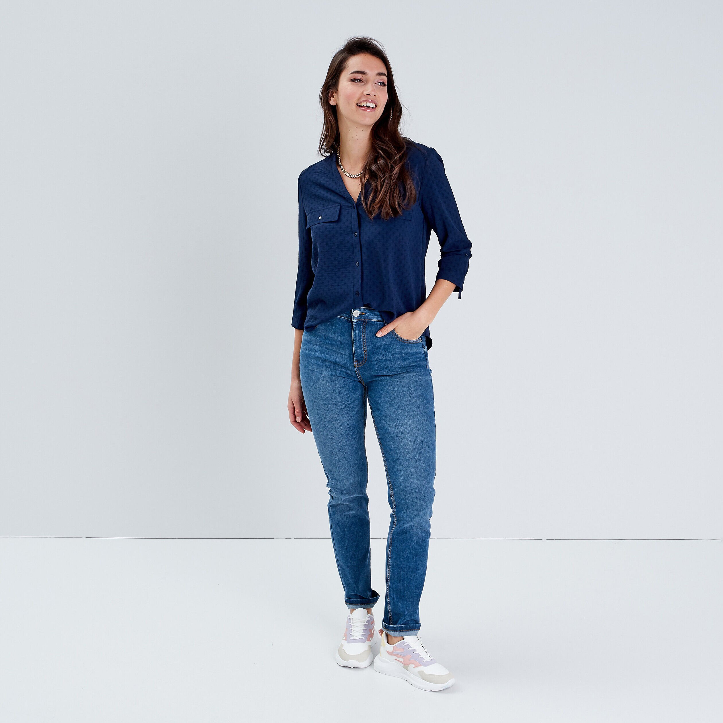 Chemise manches 3/4 bleu marine femme | Cache Cache