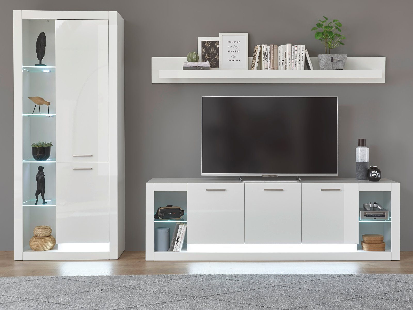 Furn.Design Wohnwand Ladis, (in weiß Hochglanz, Set 3-teilig, 298 x 198 cm), zeitlos elegantes Design