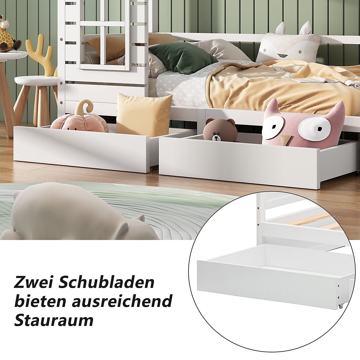 Hausbett 90x200 cm mit 2 Schubladen und Rausfallschtutz, Dach und Fenstern