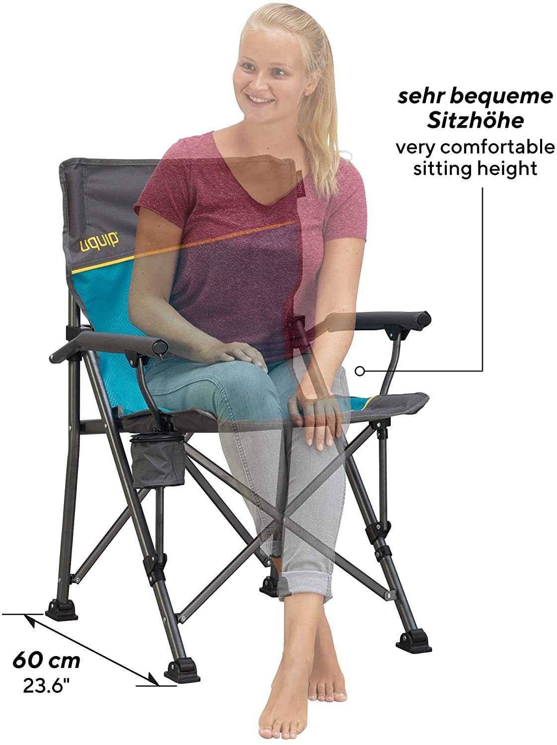 UQUIP Campingstuhl Roxy - Stabile Ausführung bis 120 kg - Blau, inkl. Flaschenhalter und Flaschenöffner