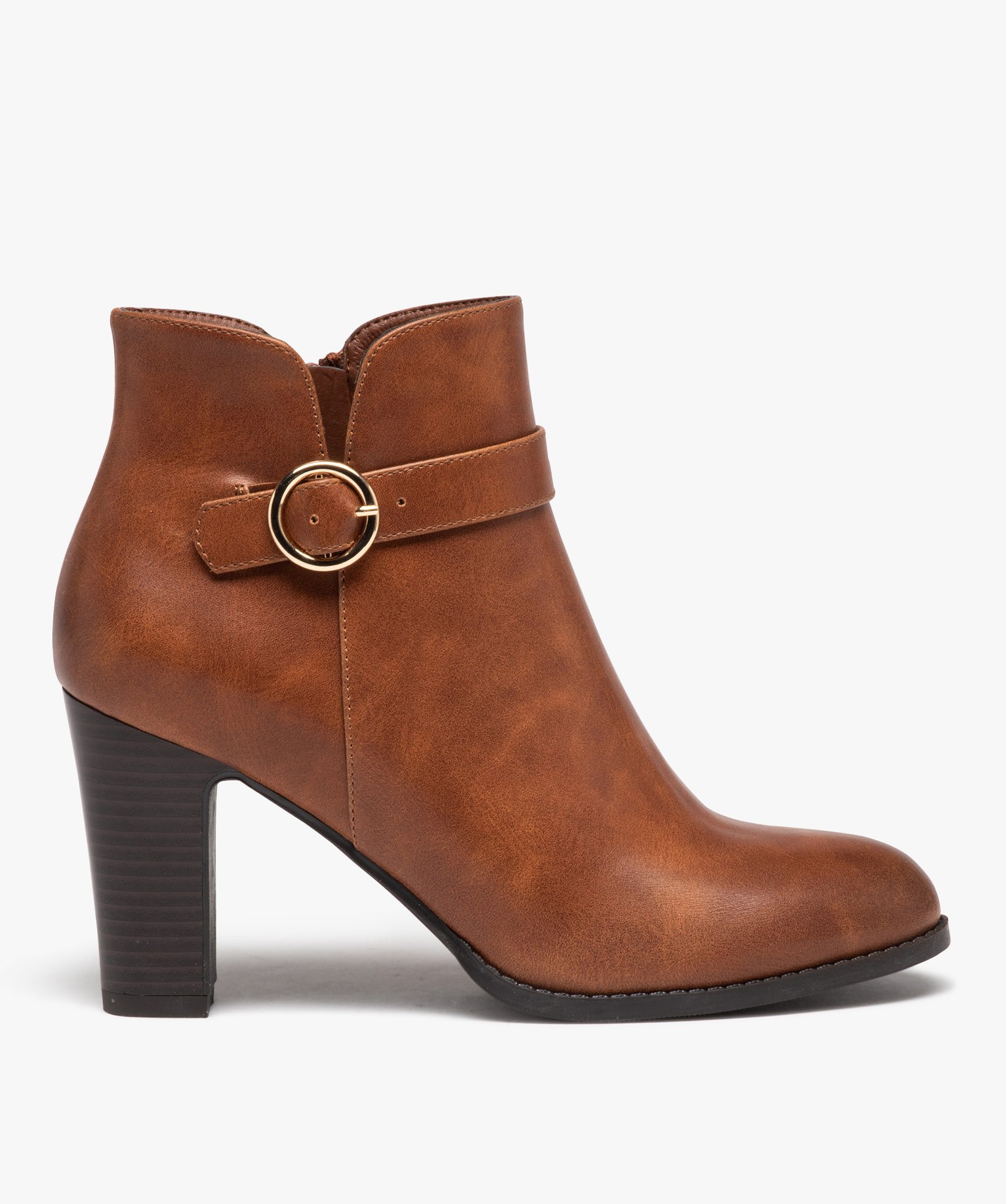Boots femme unies à talon haut carré avec bride à boucle camel | GEMO