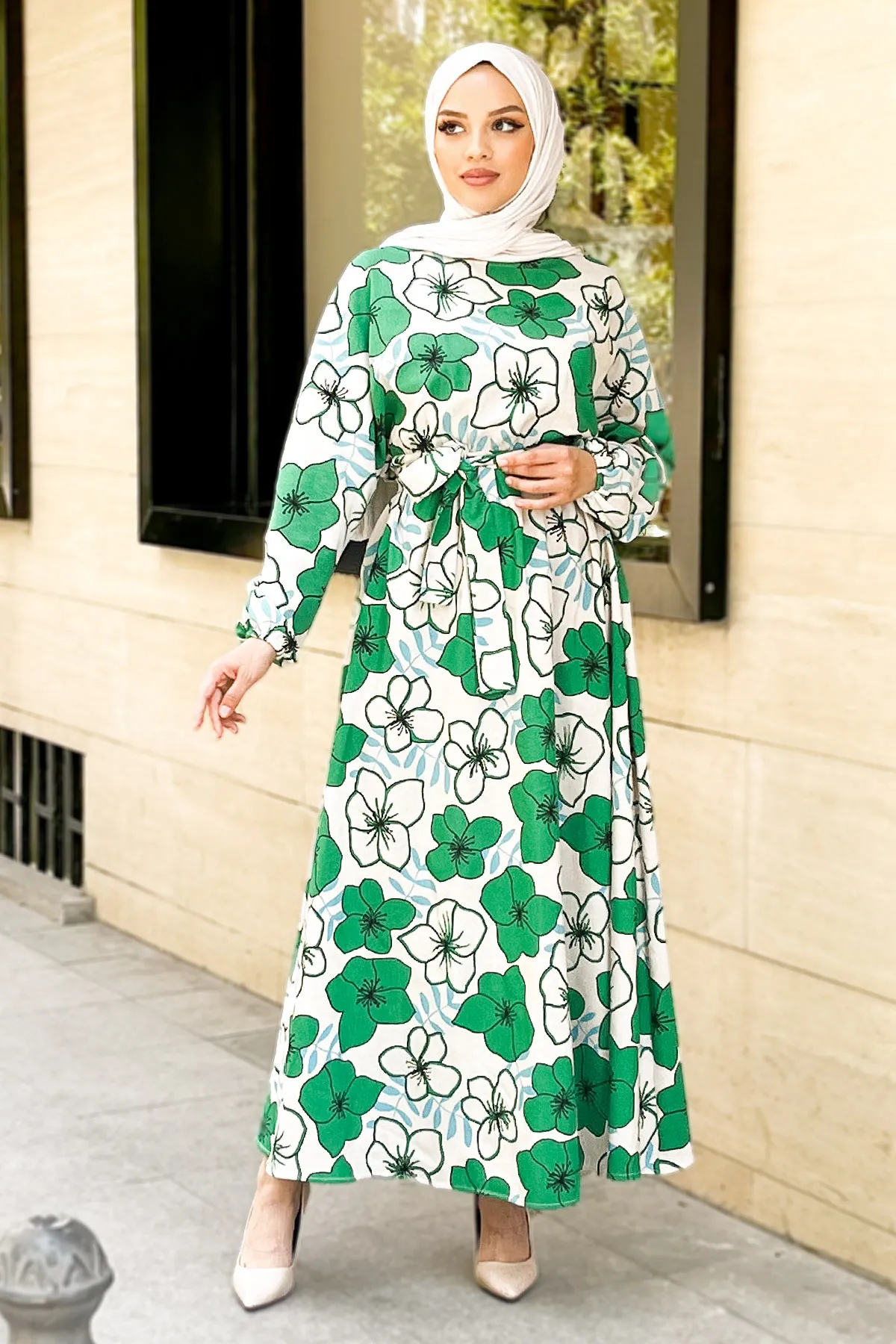Tesettür Dünyası  Blumengemustertes Leinenkleid Tsd220803 Grün